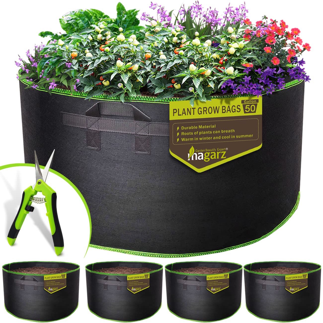 Magarz 4-Pack 50 Gallon Fabric Flower Pots Garden Felt Grow Bags With Handle (Black)