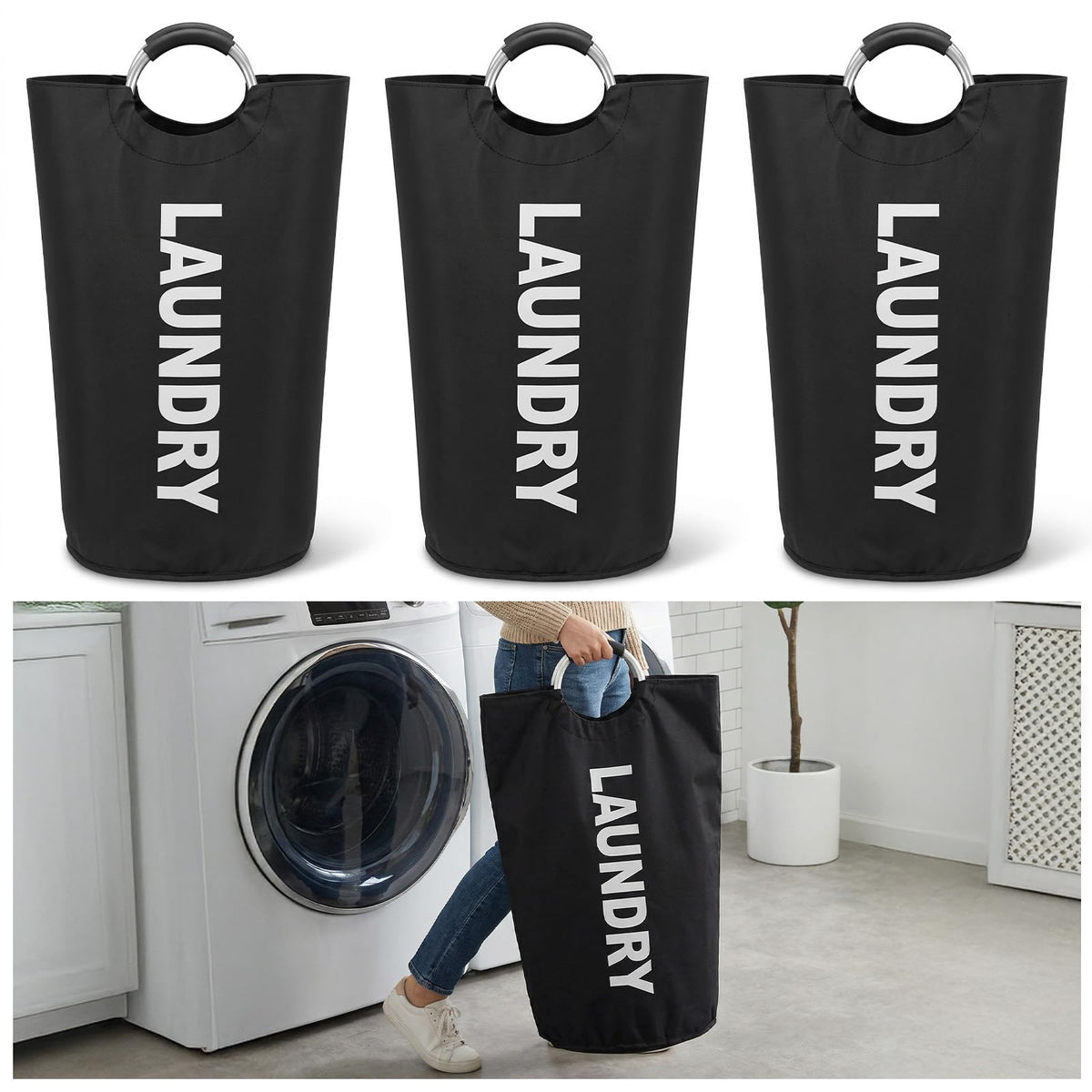 Kenaoeoe 3 Pack 90L Laundry Basket Black Dirty Clothes Hamper with Aluminum Handles Collapsible Waterproof Laundry Bag for Home,