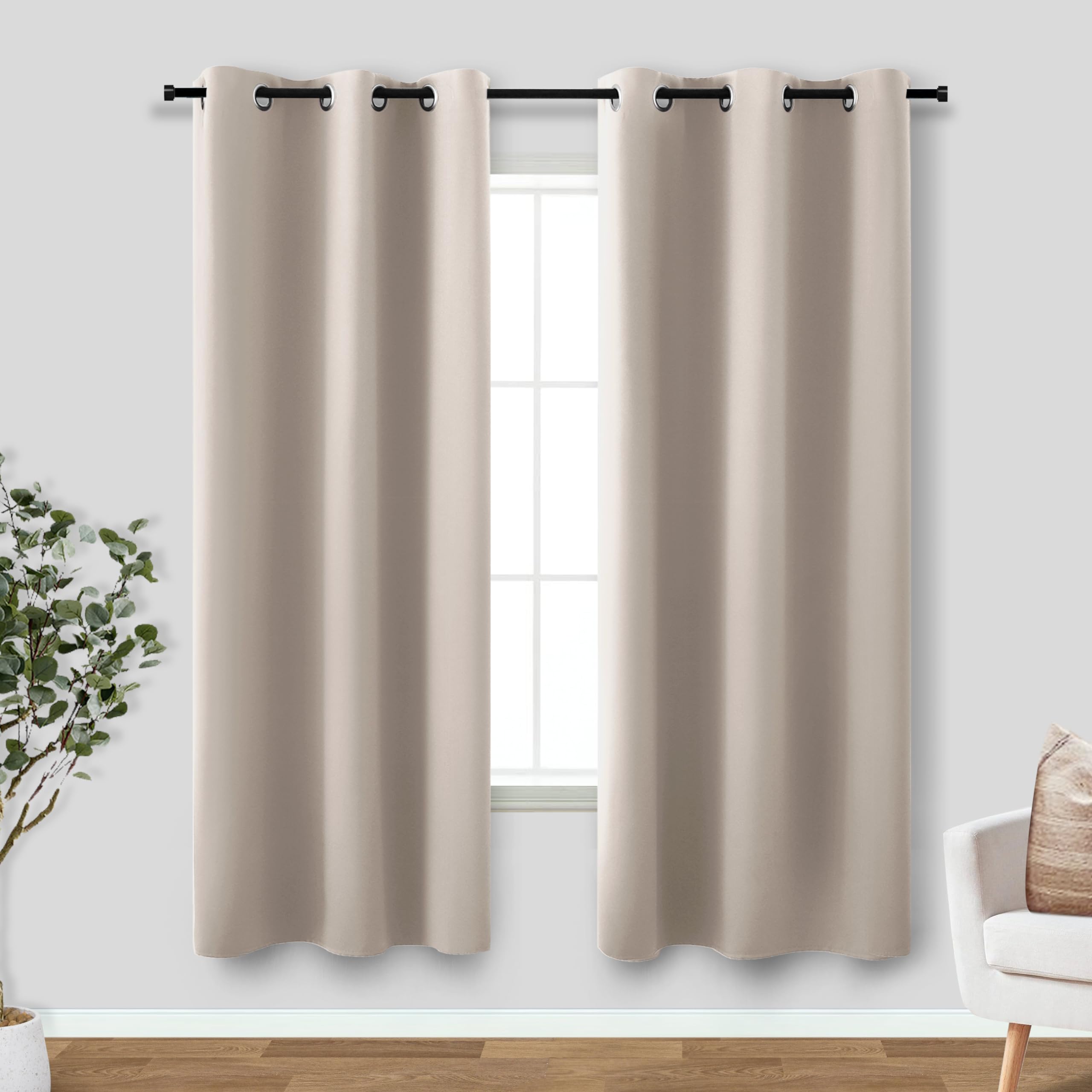 Koufall Greige Beige Curtains 63 Inch Length,Grommet Blackout Darkening Thermal Insulating Curtains 63 Inches Long 2 Panel Set For Bedroom Living Room,Tan Khaki Greyish Stone