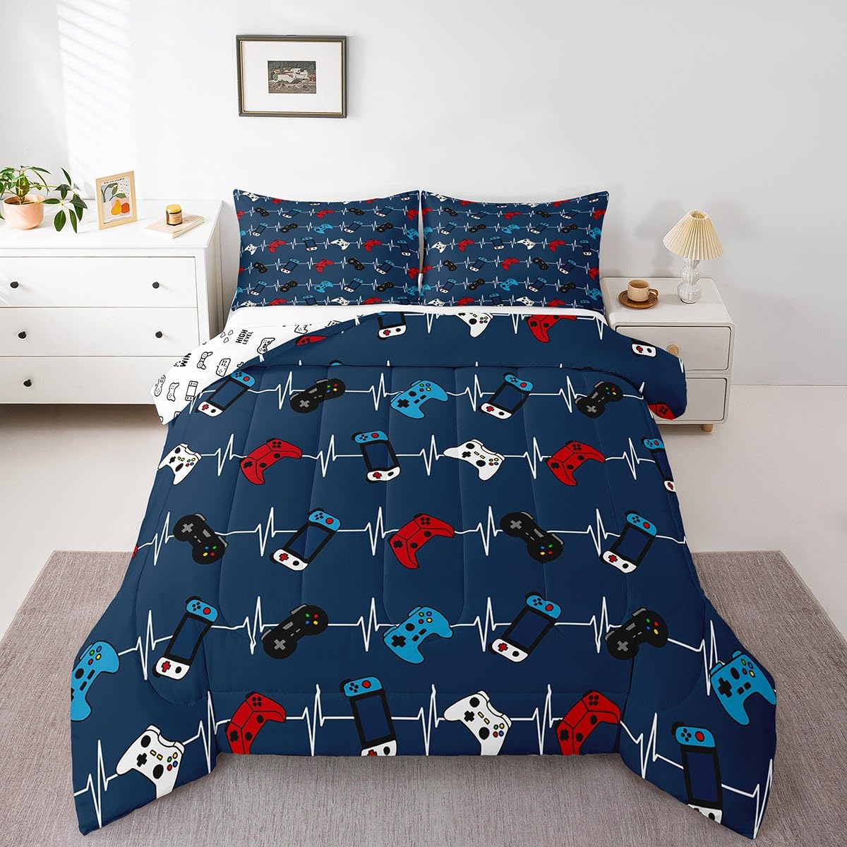 Castle Fairy Red Blue Gamer Comforter Set,Video Game Gamepad Bedding Set For Kids Girls Boys,Teens Adults Controller Comforter,G