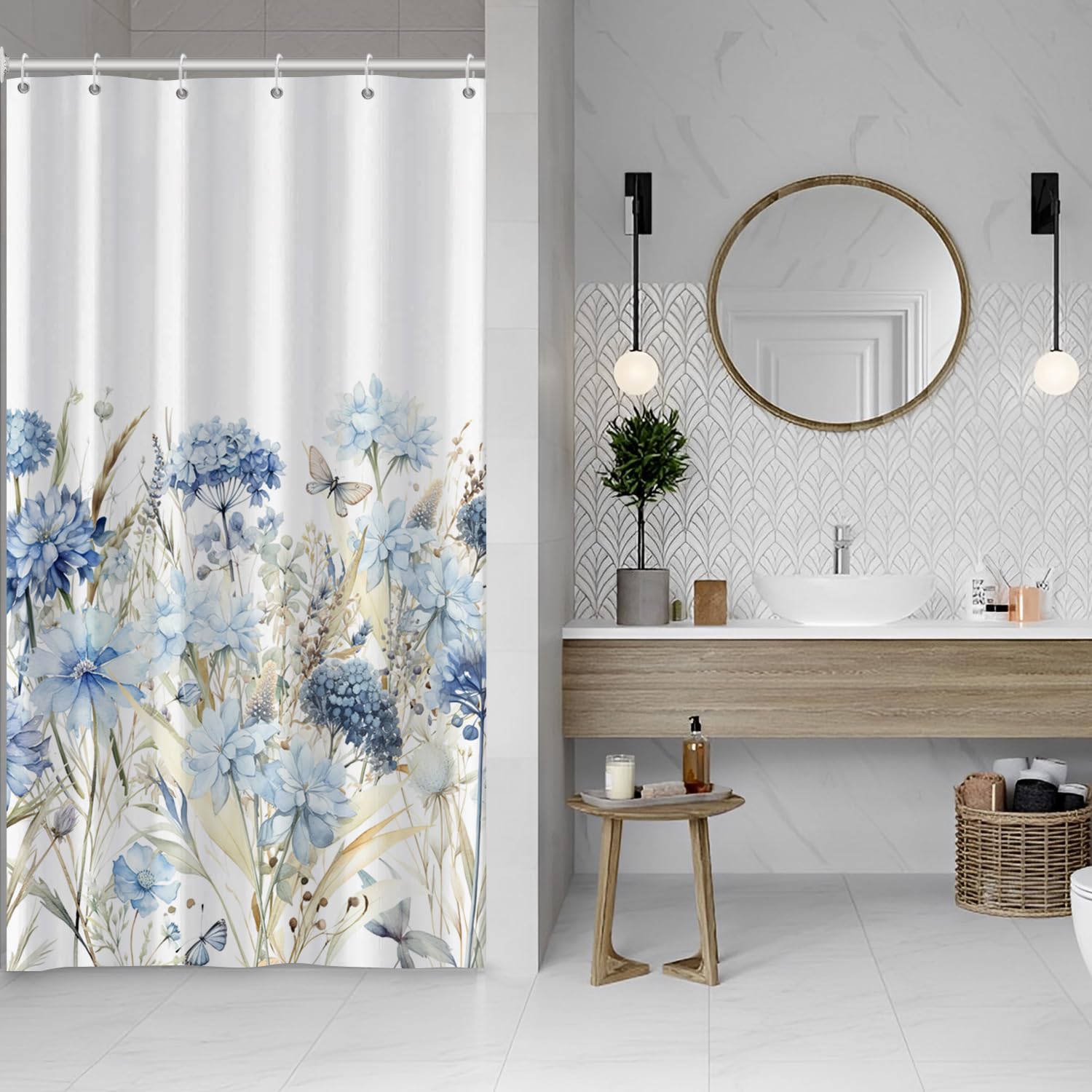 Ruelvth Blue Floral Shower Curtain, Watercolor Hydrangea Flower Shower Curtain For Bathroom Waterproof Fabric Shower Curtain Set