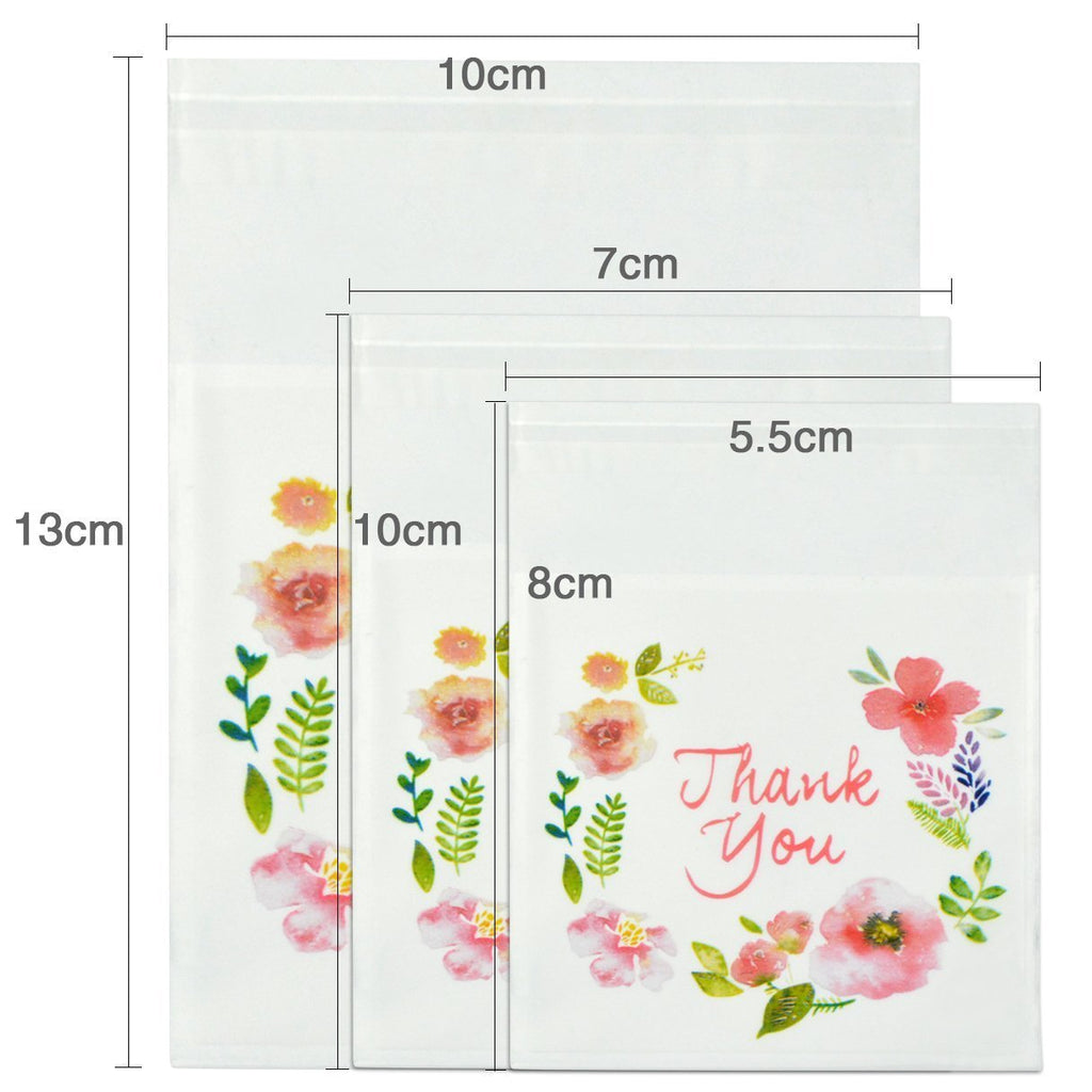 300Pcs Thank You Printed Plastic Bags Pink Flower Opp Self Adhesive Cookie Mini Candy Packaging Biscuit Roasting Diy Gift Favor