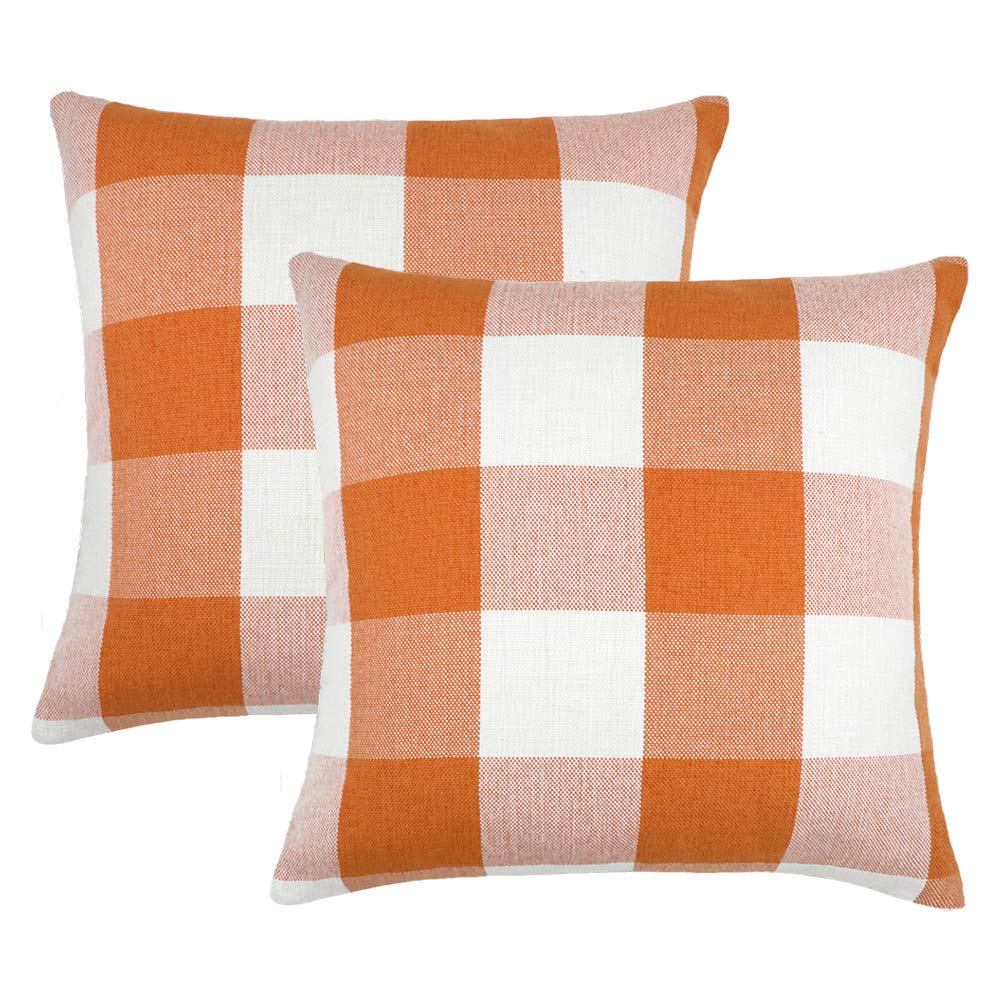 4Th Emotion Set Of 2 Farmhouse Buffalo Check Plaid Throw Pillow Covers Cushion Case Polyester Linen For Fall Home Decor Orange A