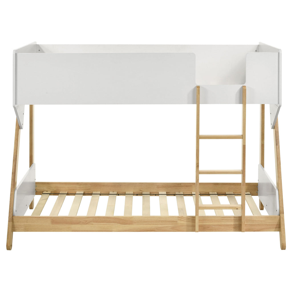 Coaster Home Furnishings Wyatt Coastal Wood Twin Over Twin Size Bunk Bed Frame with Ladder and Guardrails Fully Slatted Mattress Ready Foundation White and Natural 460510
