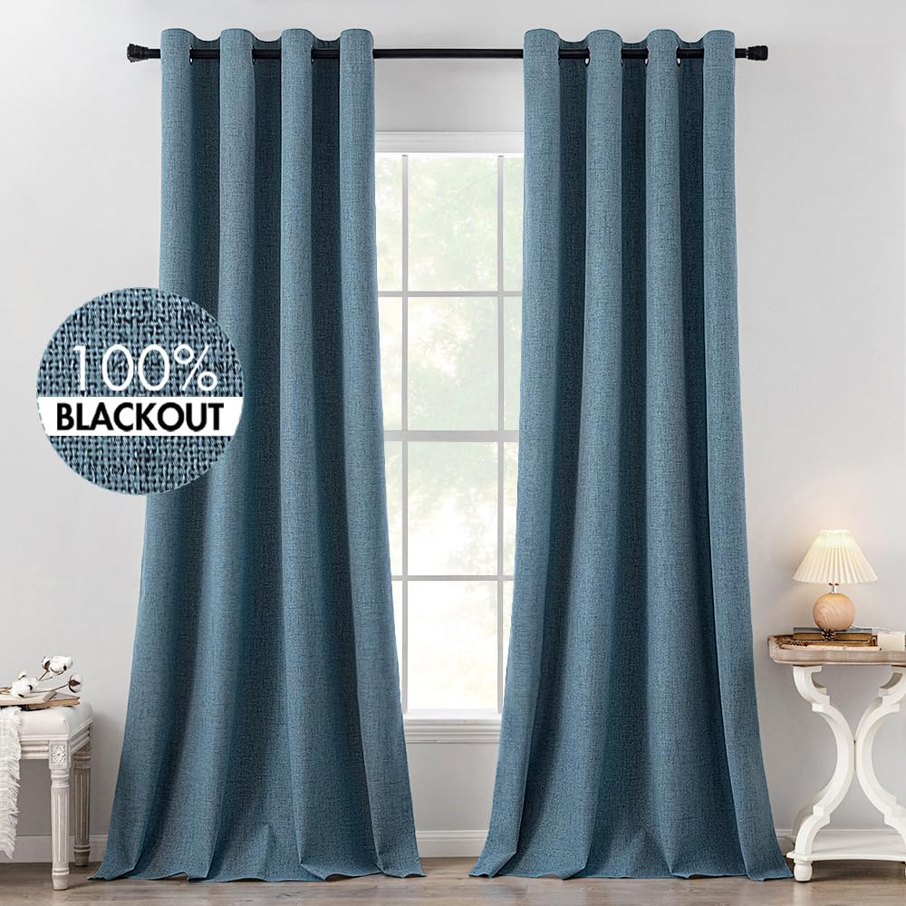 Miulee Linen Texture Curtains For Bedroom Solid 100% Blackout Thermal Insulated Dusty Blue Curtains Grommet Room Darkening Curta