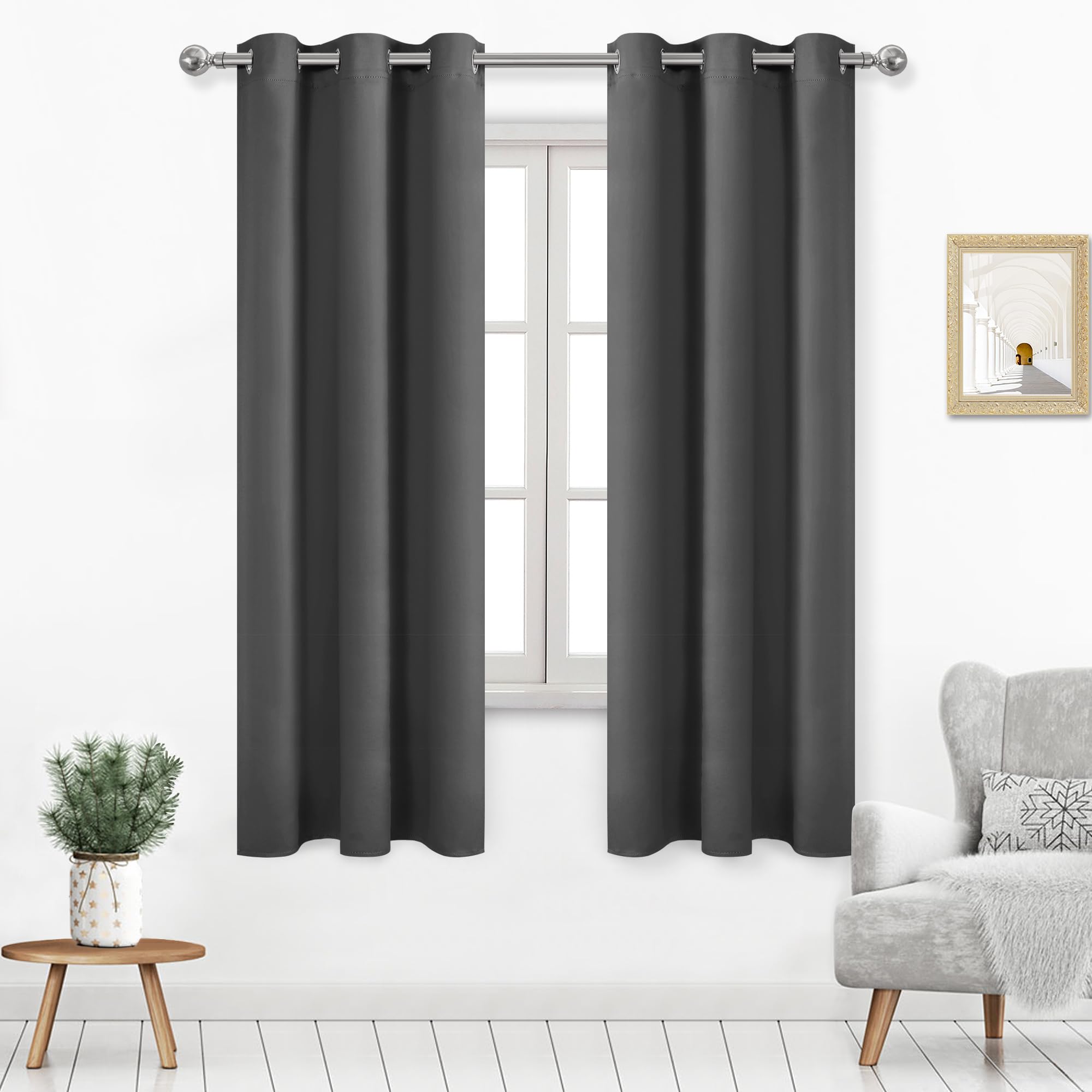 Dwcn Grey Blackout Curtains 63 Inch Length, Living Room Curtains For Window Treatment, Solid Room Darkening Thermal Drapes - W38
