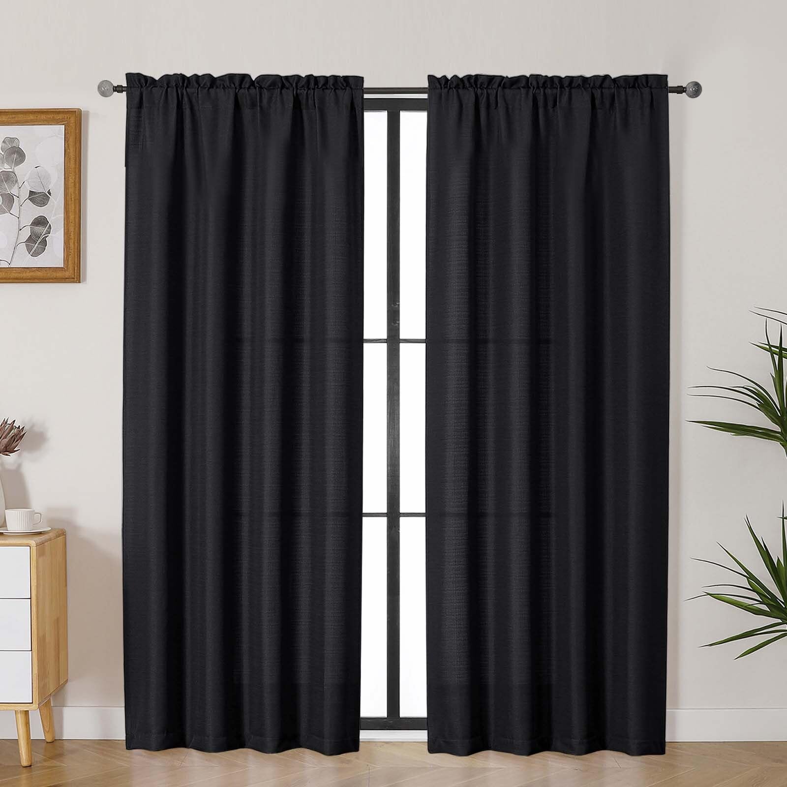 Lecloud Bessie Black Curtains for Living Room 72 Inches Long 2 Panels, Rod Pockets Rustic Bedroom Curtains, Light Filtering Faux