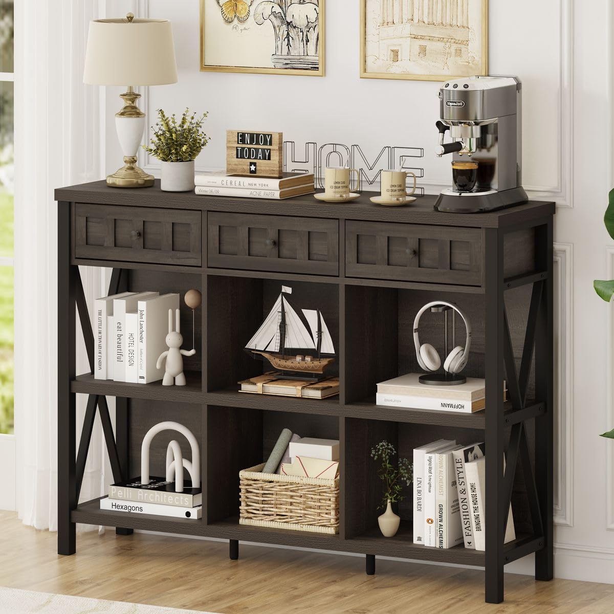 FATORRI Rustic 6 Cube Storage Organizer Shelf with 3 Drawers, Long Horizontal Bookshelf, Industrial Wood and Metal Cubby Bookcas