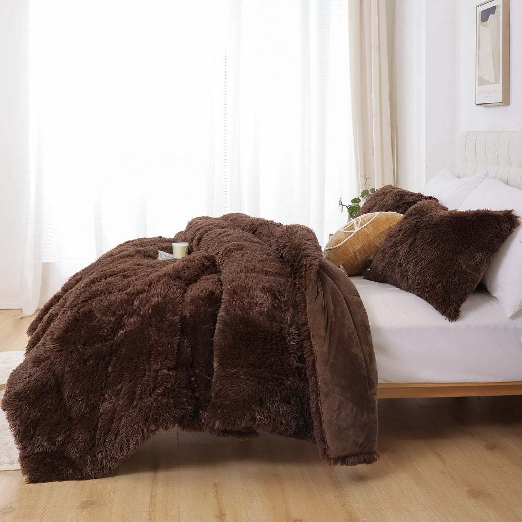 Smoofy Faux Fur Coffee Comforter Set Queen Size 3Pcs Fluffy Fuzzy Plush Comforter Set Cute Soft Shaggy Velvet Double-Sided Beddi