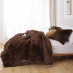 Smoofy Faux Fur Coffee Comforter Set Queen Size 3Pcs Fluffy Fuzzy Plush Comforter Set Cute Soft Shaggy Velvet Double-Sided Beddi