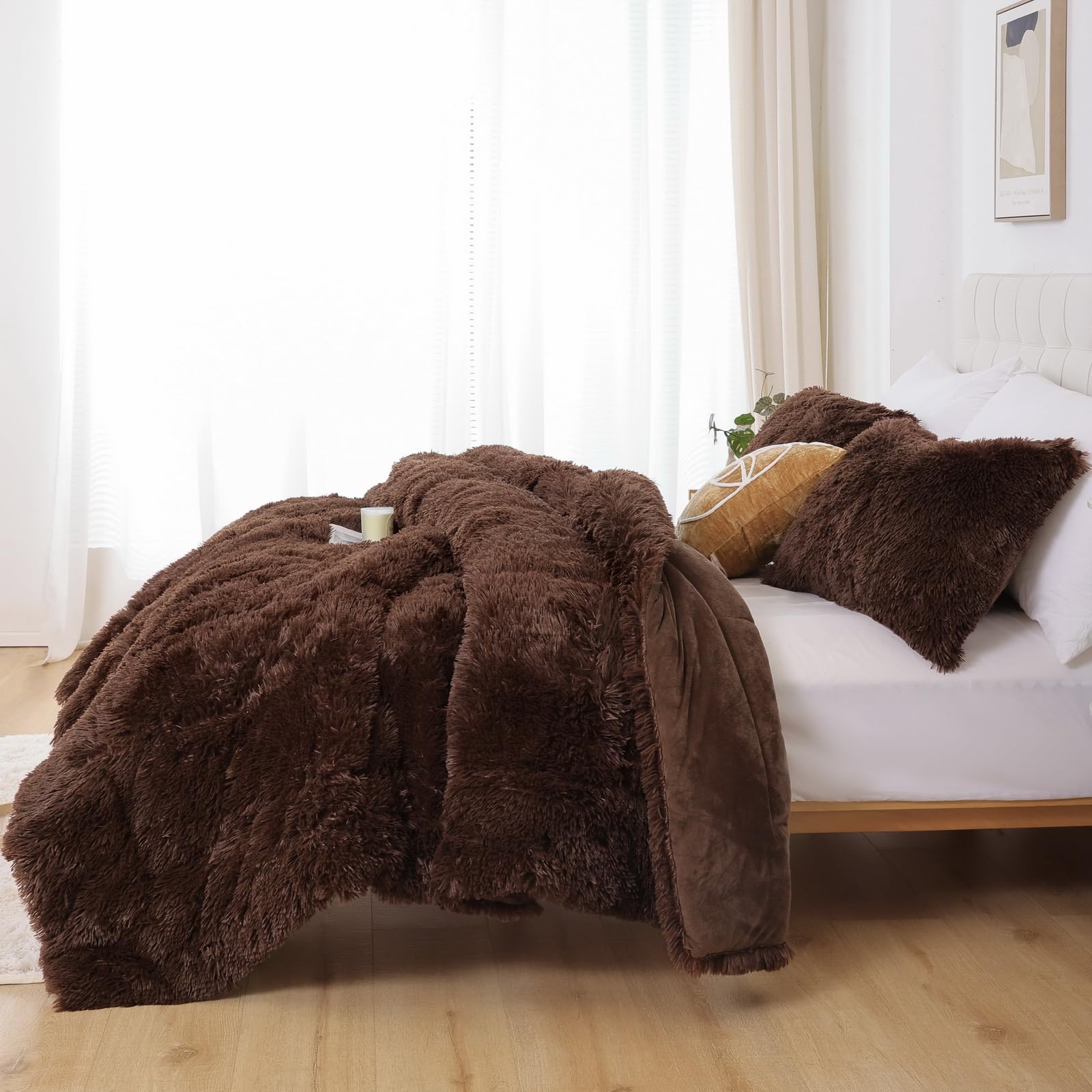 Smoofy Faux Fur Coffee Comforter Set Queen Size 3Pcs Fluffy Fuzzy Plush Comforter Set Cute Soft Shaggy Velvet Double-Sided Beddi