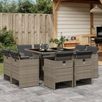 vidaXL Patio Dining Set - 9 Piece Outdoor Furniture with Cushions Gray Poly Rattan, Glass Table Top, Foldable Chairs