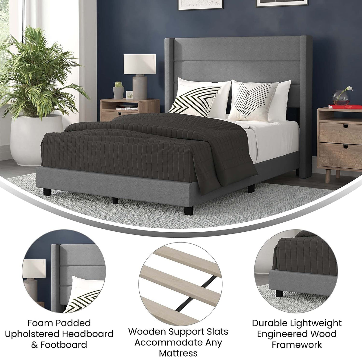 Flash Furniture Hollis Upholstered Platform Bed - Gray Faux Linen Wingback Headboard - Full - Mattress Foundation with Slatted Supports - No Box Spring Needed