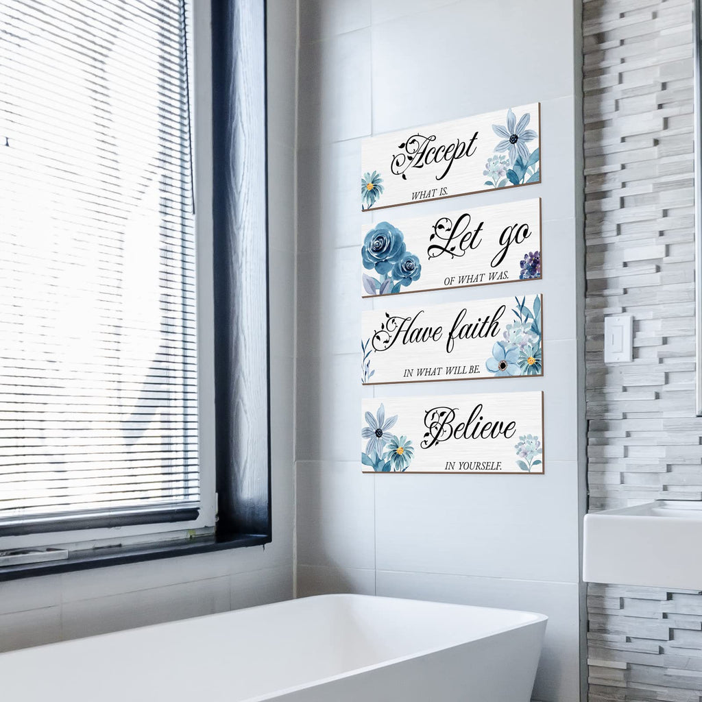 Joyhawk 4 Pieces Blue Flower Wall Decor For Bedroom, Accept-Let Go-Have Faith-Believe Wooden Inspirational Wall Art Decorations