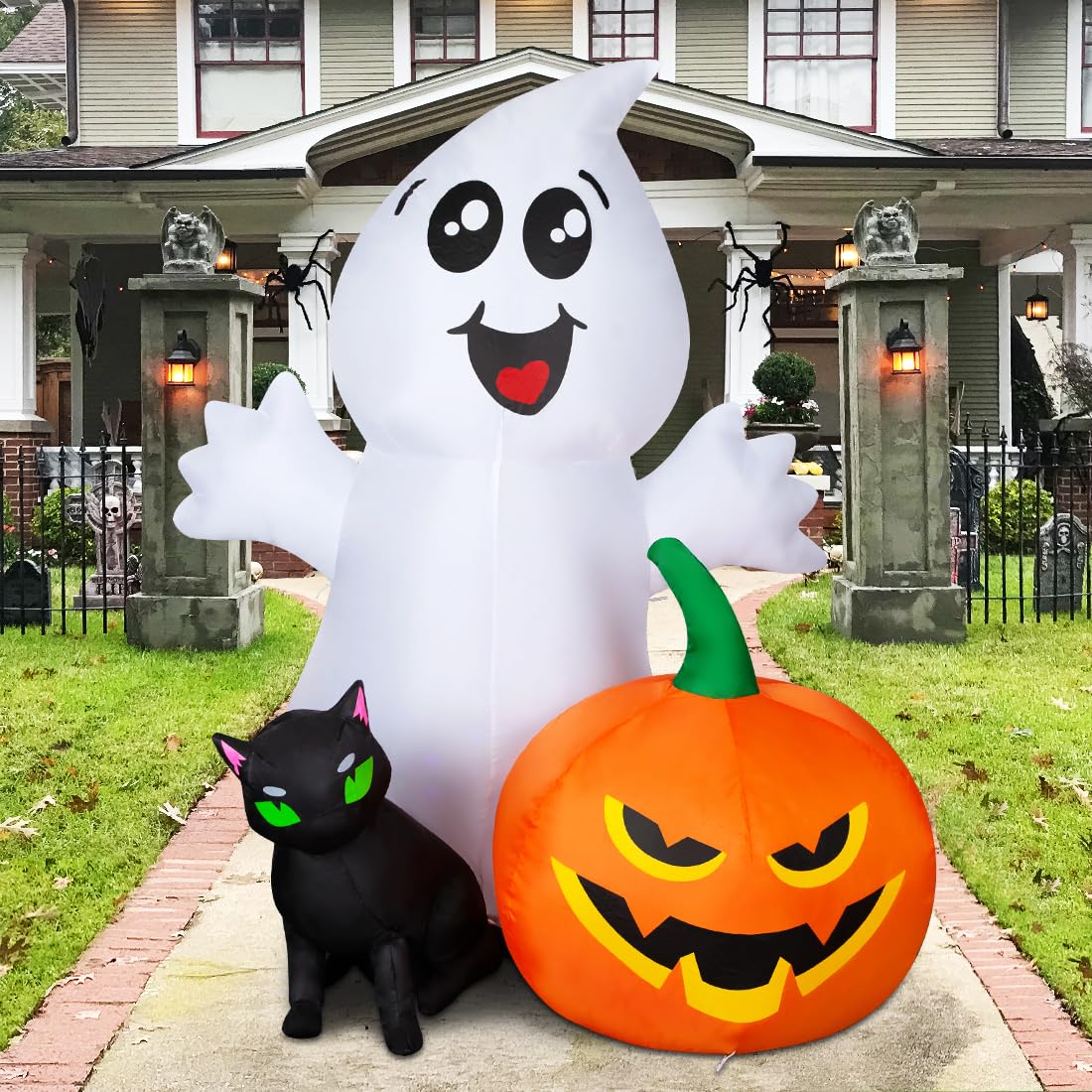 Comin Halloween Inflatable 5Ft Ghost With Black Cat And Pumpkin, Built-In Leds Blow Up Yard Decoration For Party Outdoor Yard Ga