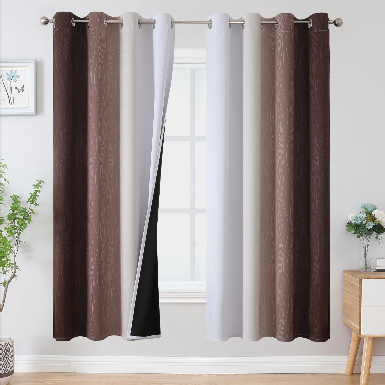 Estelar Textiler Brown And Greyish White Blackout Curtains 72 Inch Length 2 Panels Set, Full Room Darkening Grommet Ombre Curtai