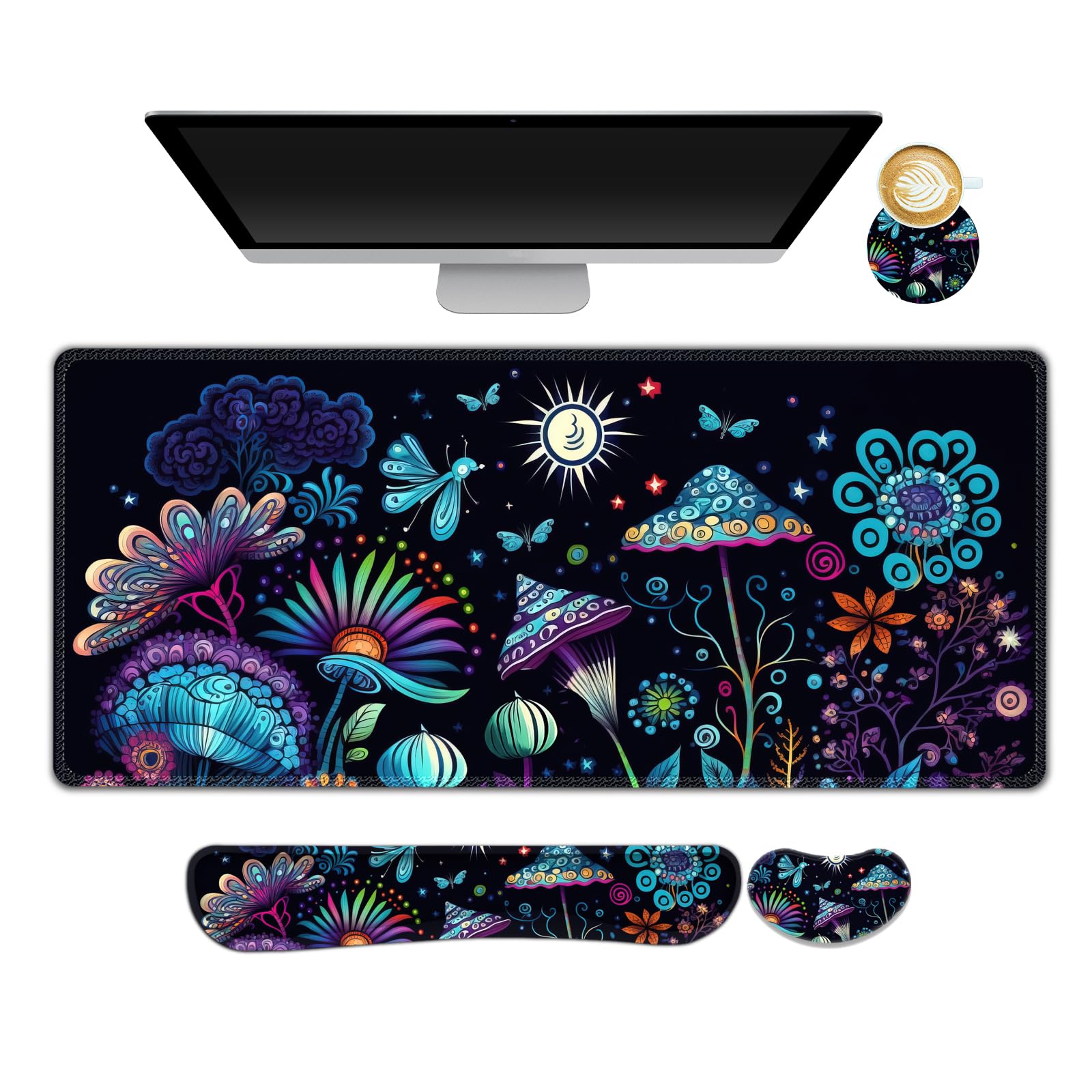 Aimsa Large Gaming Mouse Pad Set, Keyboard Wrist Rest Support+ Extended Mousepad+ Mouse Wrist Cushion+Coaster, Ergonomic Multifu
