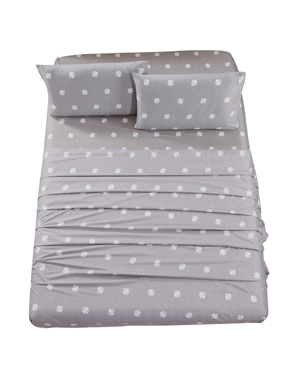 Chezmoi Collection 4-Piece Kids/Teens Sports Sheet Set - Soft Microfiber Gray White Baseball, Queen Size