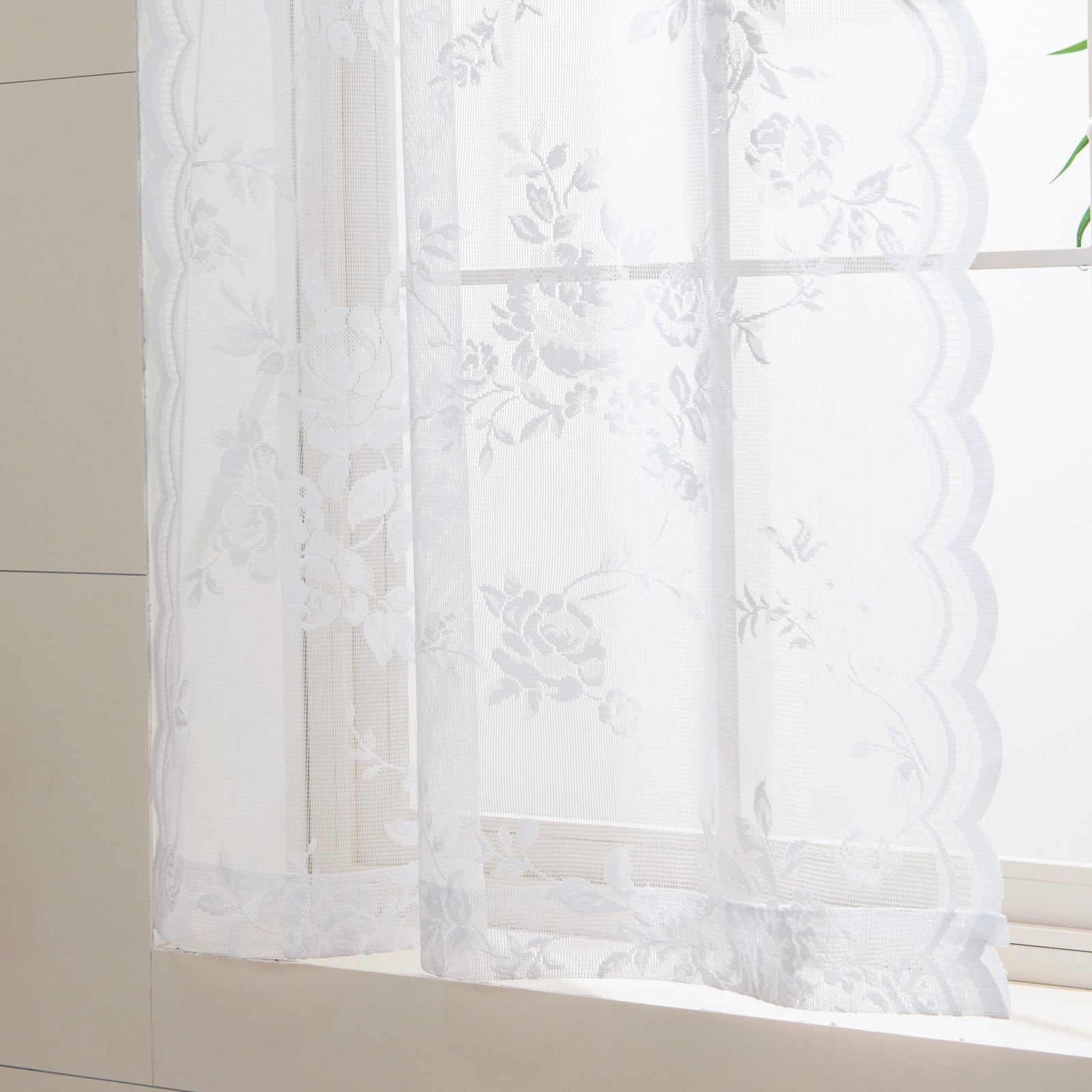 Seekright White Kitchen Curtains 30 Inch Length Rod Pocket Light Filtering Sheer Lace Cafe Curtains 2 Panels Set Modern Floral L