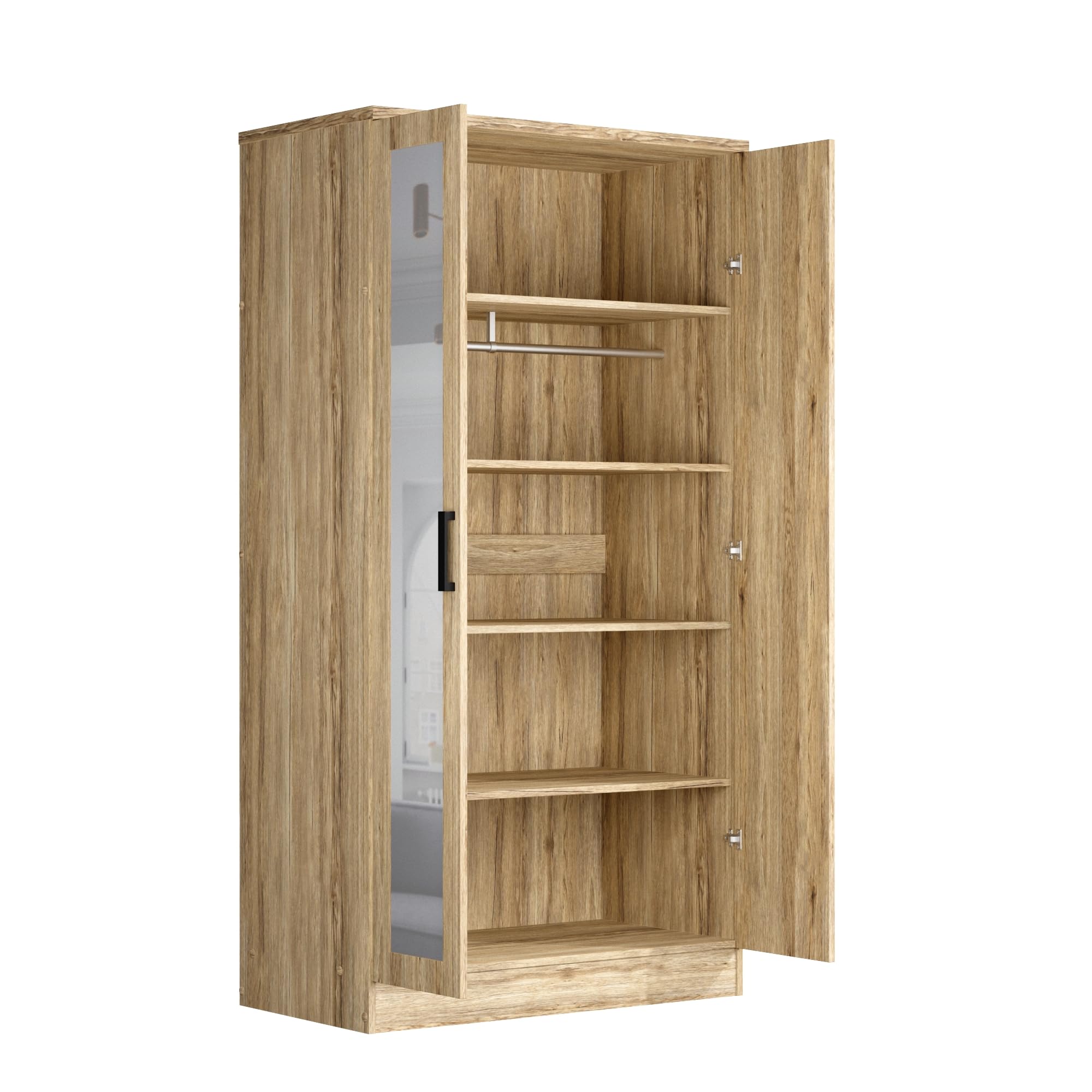Woodpeckers Furniture And Mattress 2 Doors Wardrobe Mirrored Door (Natural Oak)