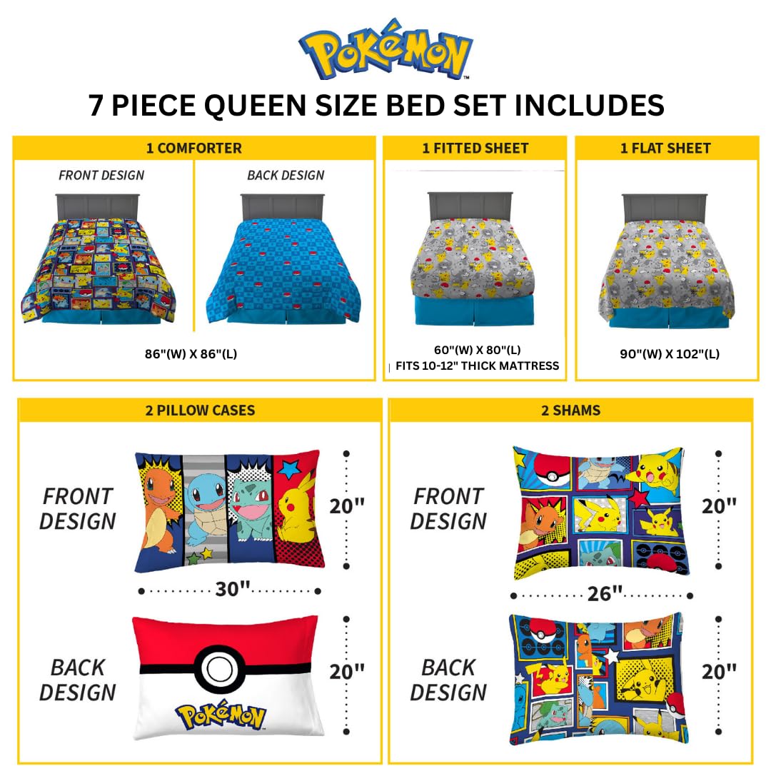 Franco Pokemon Bedding Super Soft Comforter And Sheet Set With Sham, 7 Piece Queen Size, (Official Licensed Product)