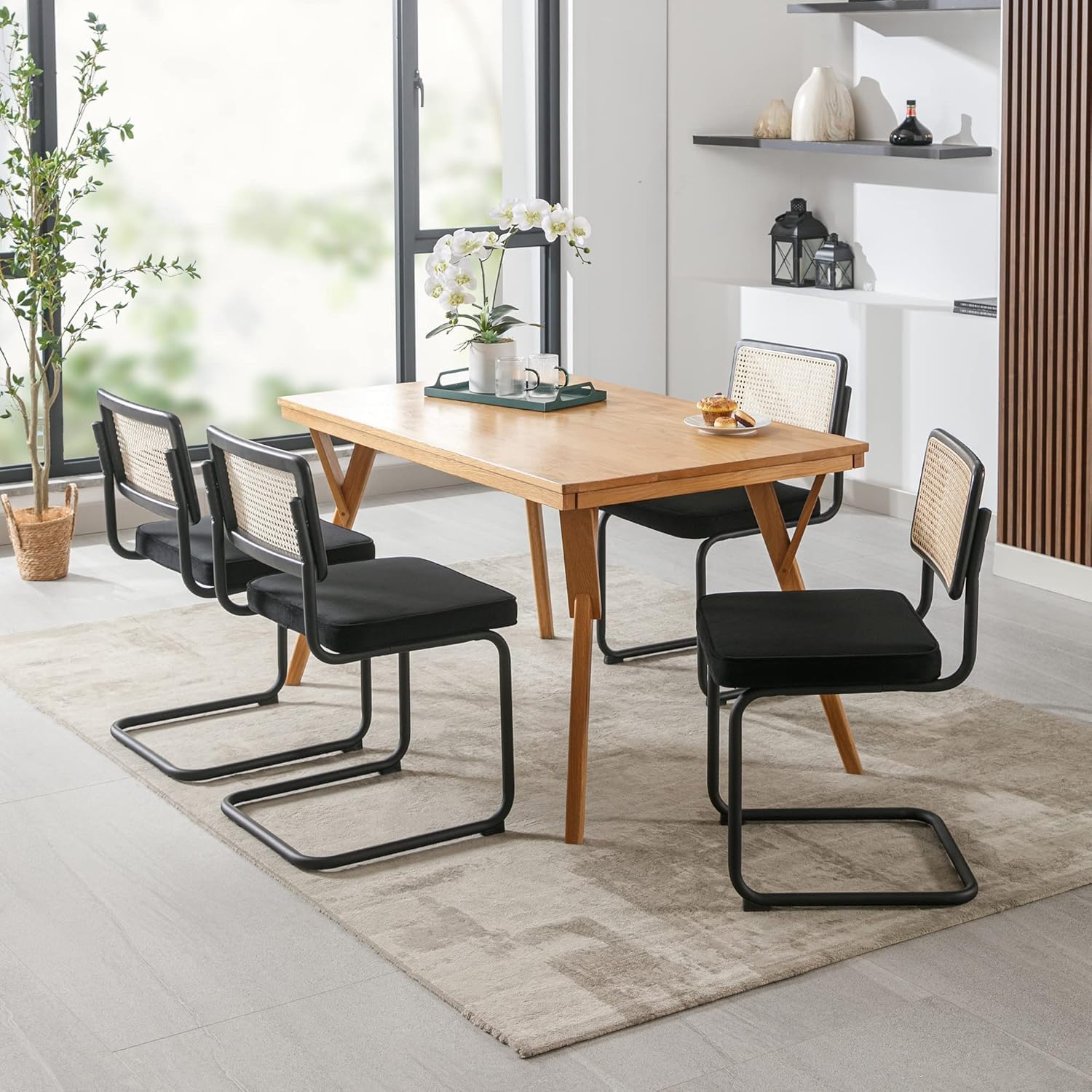 Zesthouse Rattan Dining Chairs 4Pcs, Velvet Accent Chairs With Natural Cane Back & Stainless Chrome Base, Mid Century Modern Dining Chairs, Upholstered Dining Living Room Kitchen Chairs