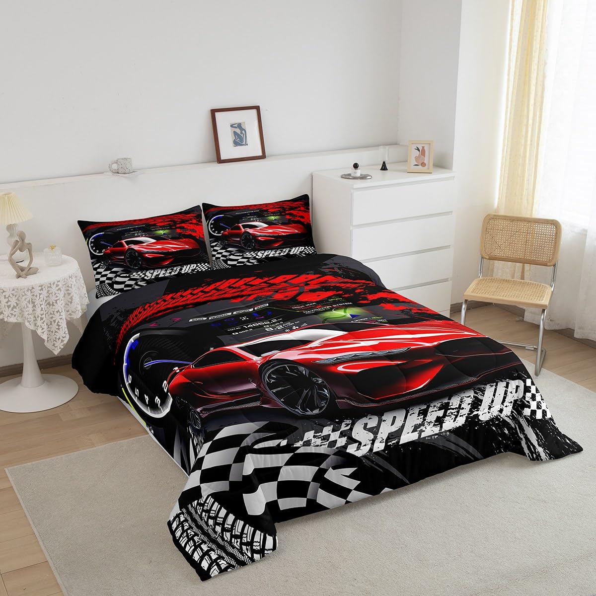 Feelyou Kids Boys Girls Red Race Car Comforter Set Full Size, Sports Car Comforter Comforter Set For Teens Race Car Bedding Set Racing Car Duvet Set Bed Set Room Decor Bedding Collection
