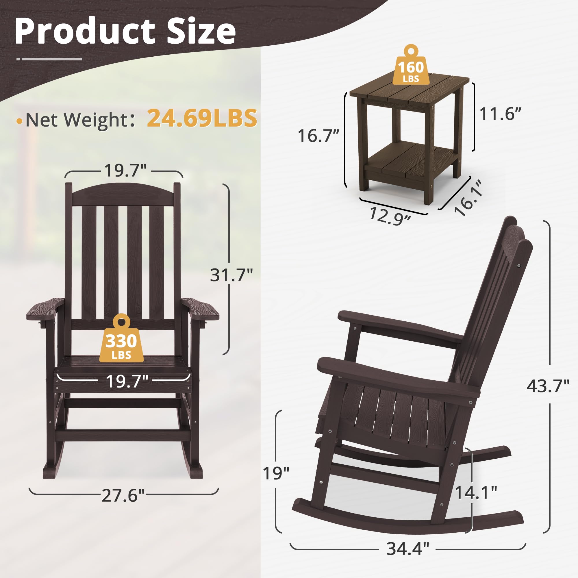 Lue Bona Outdoor Rocking Chairs Set Of 4, Hdps Poly Rocking Chair, All Weather Resistant Plastic Outdoor Indoor Porch Rocker, Heavy Duty Rocking Chair For Patio, Lawn, Garden, 300Lbs, Espresso