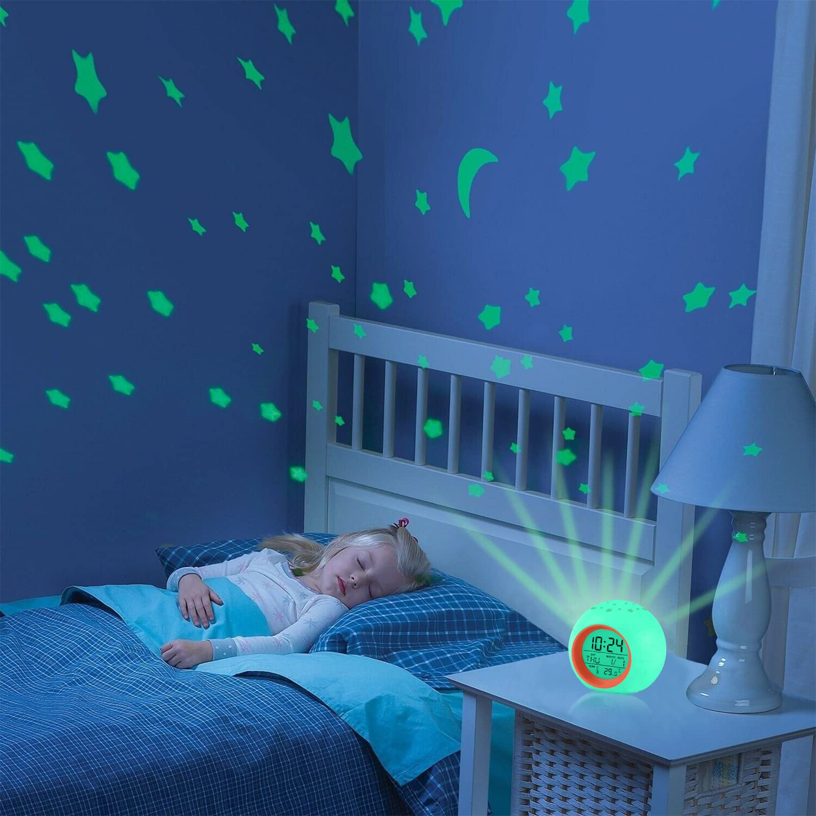 Kids Alarm Clock,Moon Stars Projector 7 Color Night Light, Children Sleep Trainer Alarm Clock, Kids Wake up Light Alarm Clock Ai
