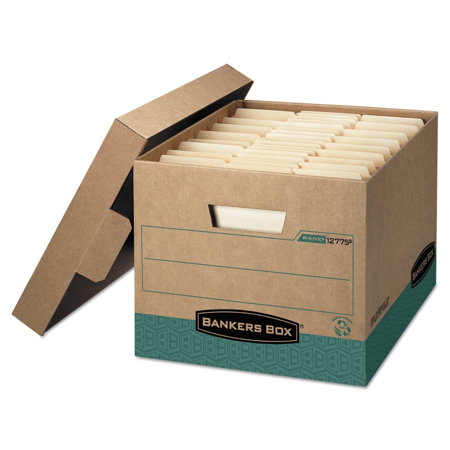 Bankers Box 12 Pack R-Kive Heavy-Duty 100% Recycled File Storage Boxes, Fastfold, Lift-Off Lid, Letter, Kraft/Green