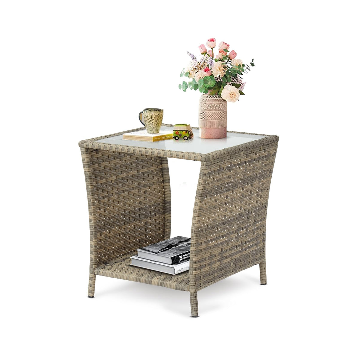 Fizzeey Outdoor Side Table - Outdoor Patio Wicker Side End Tables For Patio W/Storage Shelf, Brown