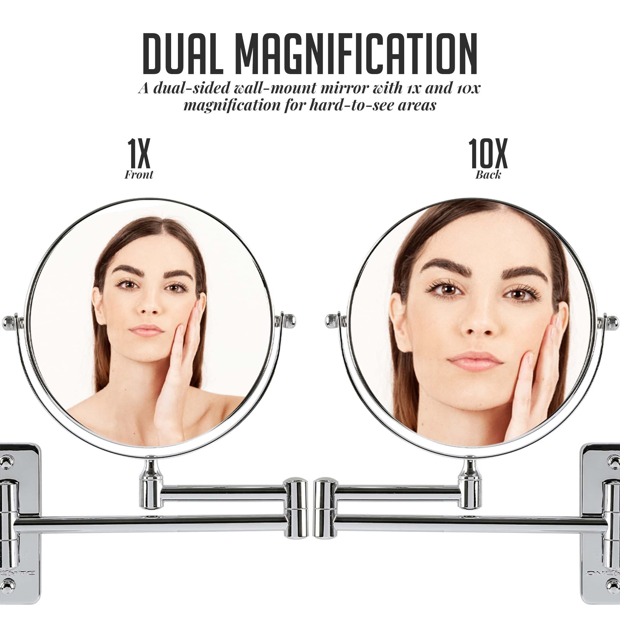 Ovente 7' Wall Mount Makeup Mirror, 1X & 10X Magnifier, Adjustable Spinning Double Sided Round Reflection, Extend, Retractable