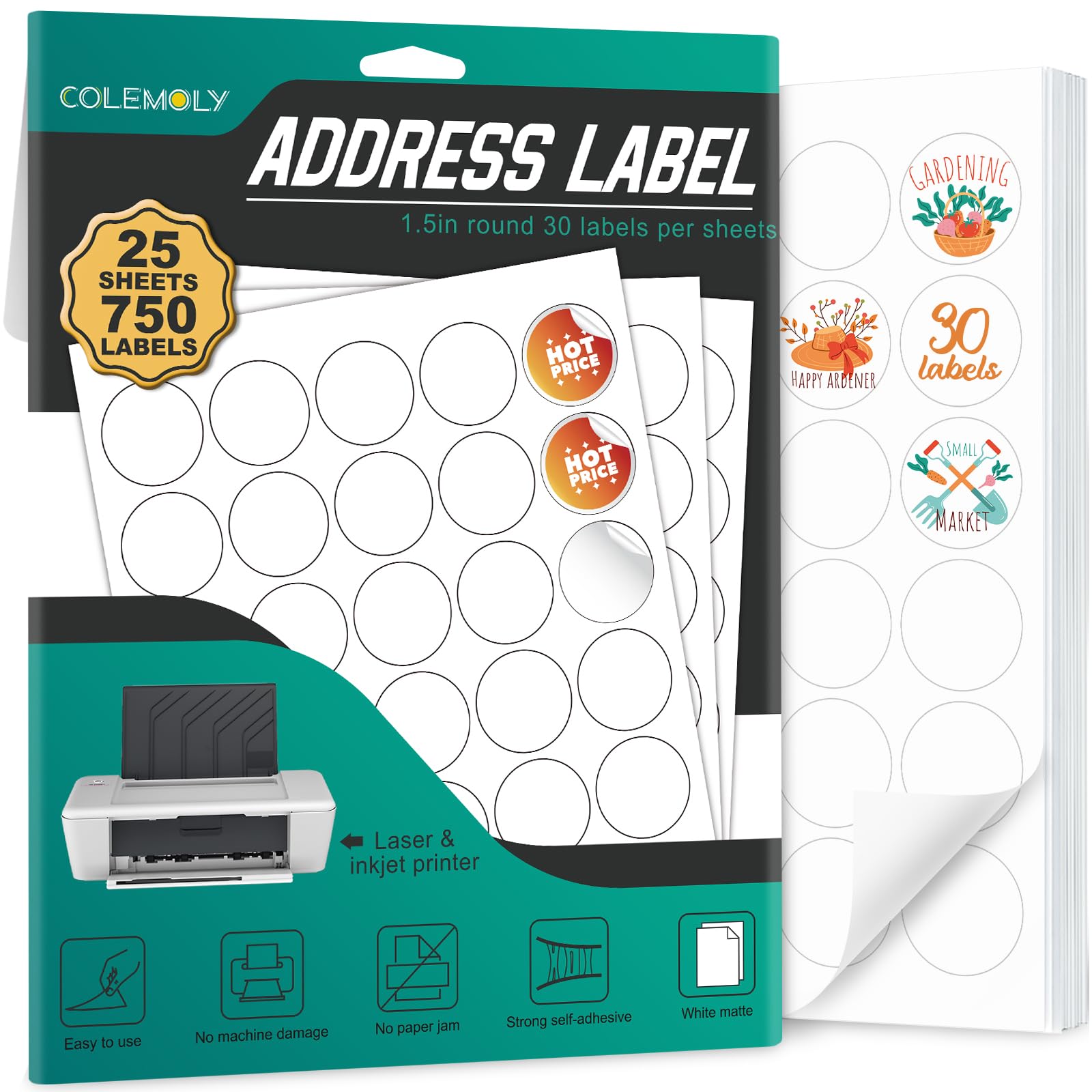 Address Labels 1-1/2    Round For Laser And Inkjet Printers - 25 Sheets, 30 Labels Per Sheet 750 Blank Matte White Sticker Paper