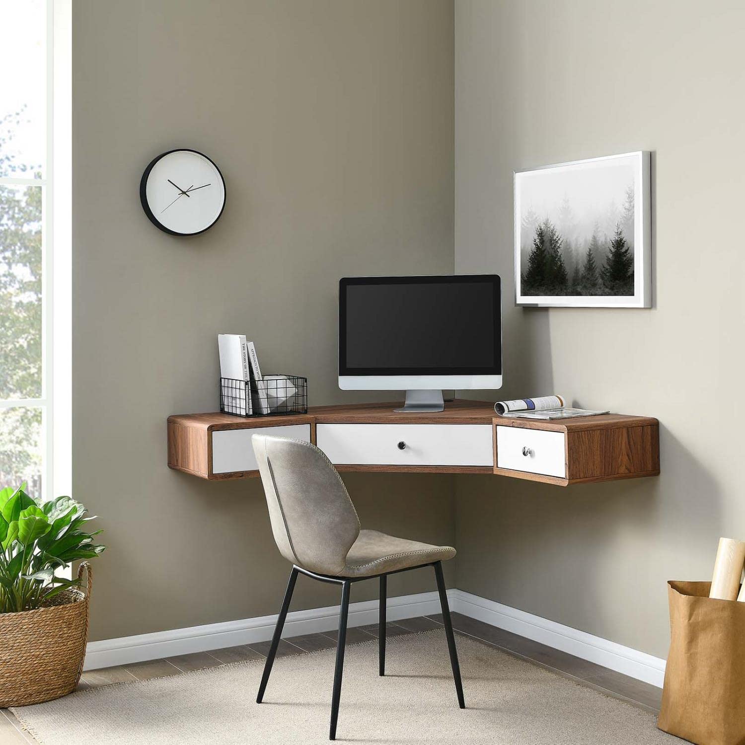Modway Transmit 47&quot; Wall Mount Corner Wood Office Desk in Walnut/White