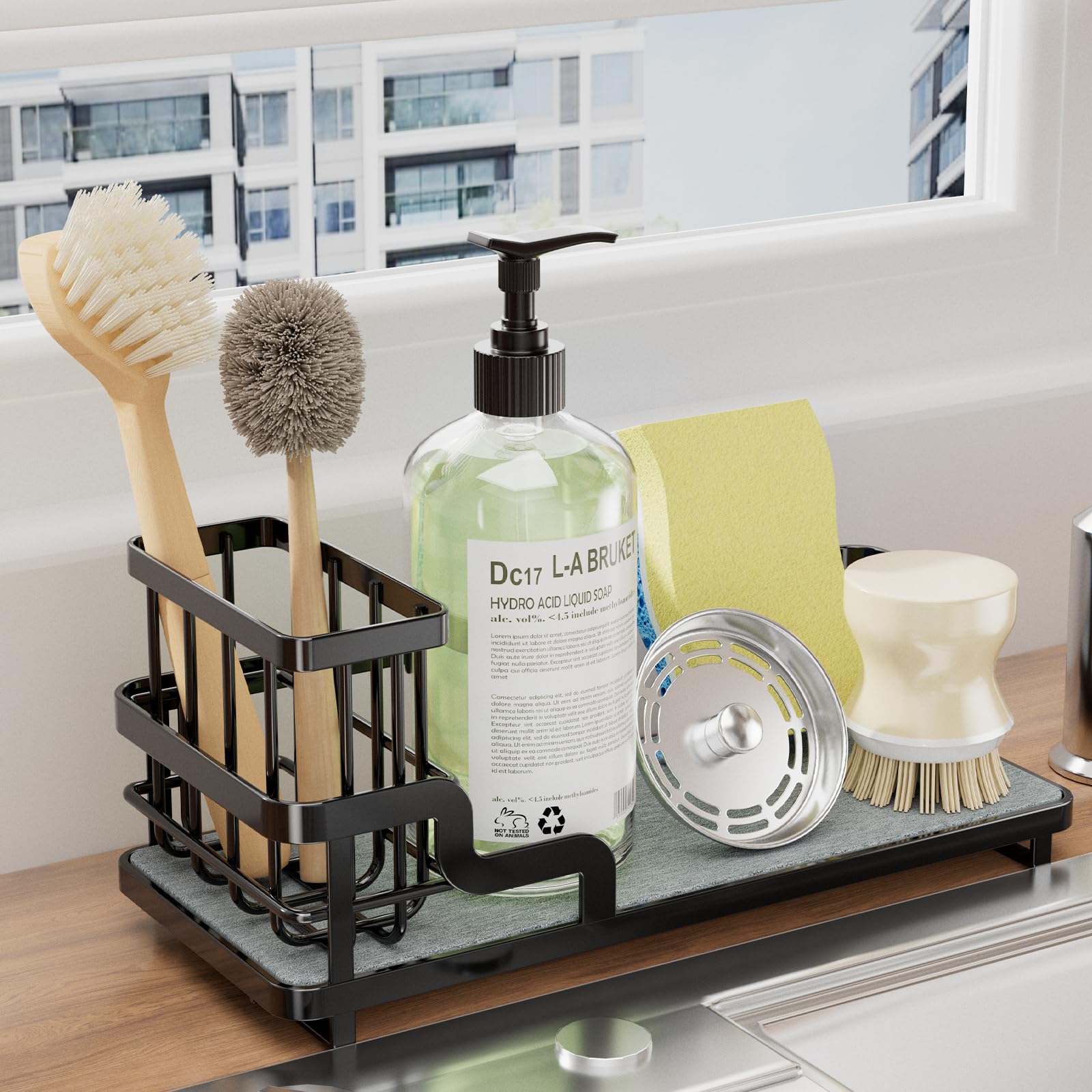 Consumest Sponge Holder For Kitchen Sink - Sink Caddy Organizer With Water Absorbing Stone Tray, Detachable Brush Holder, Stainl