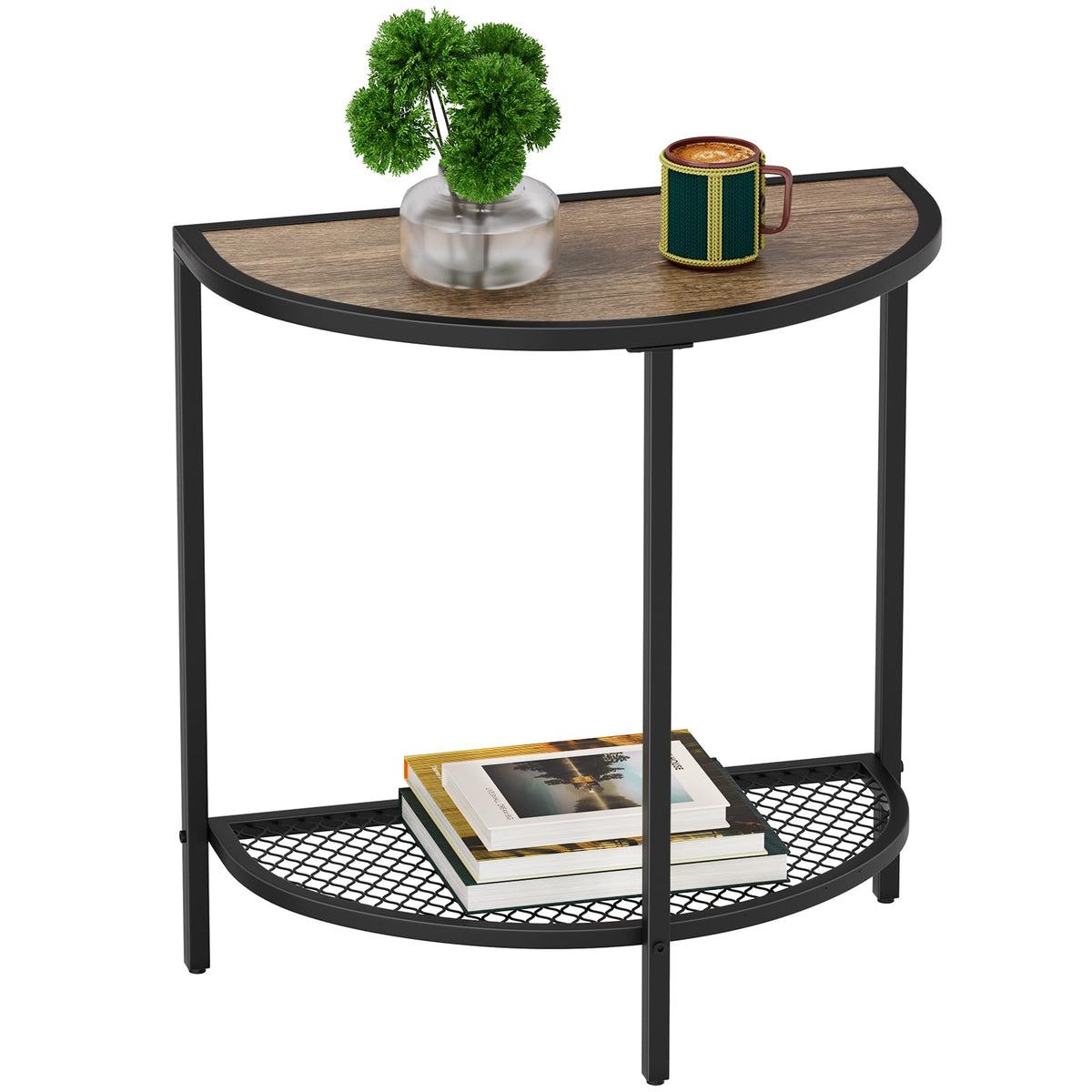 Saygoer Small Side Table 19.7'' Half Moon Side Tables For Living Room 18.7'*10.4' Unique Bed Night Stand For Home Balcony 2 Tier Couch Tables With Storage Shelf, Adjustable Feet, Boho Dark Walnut