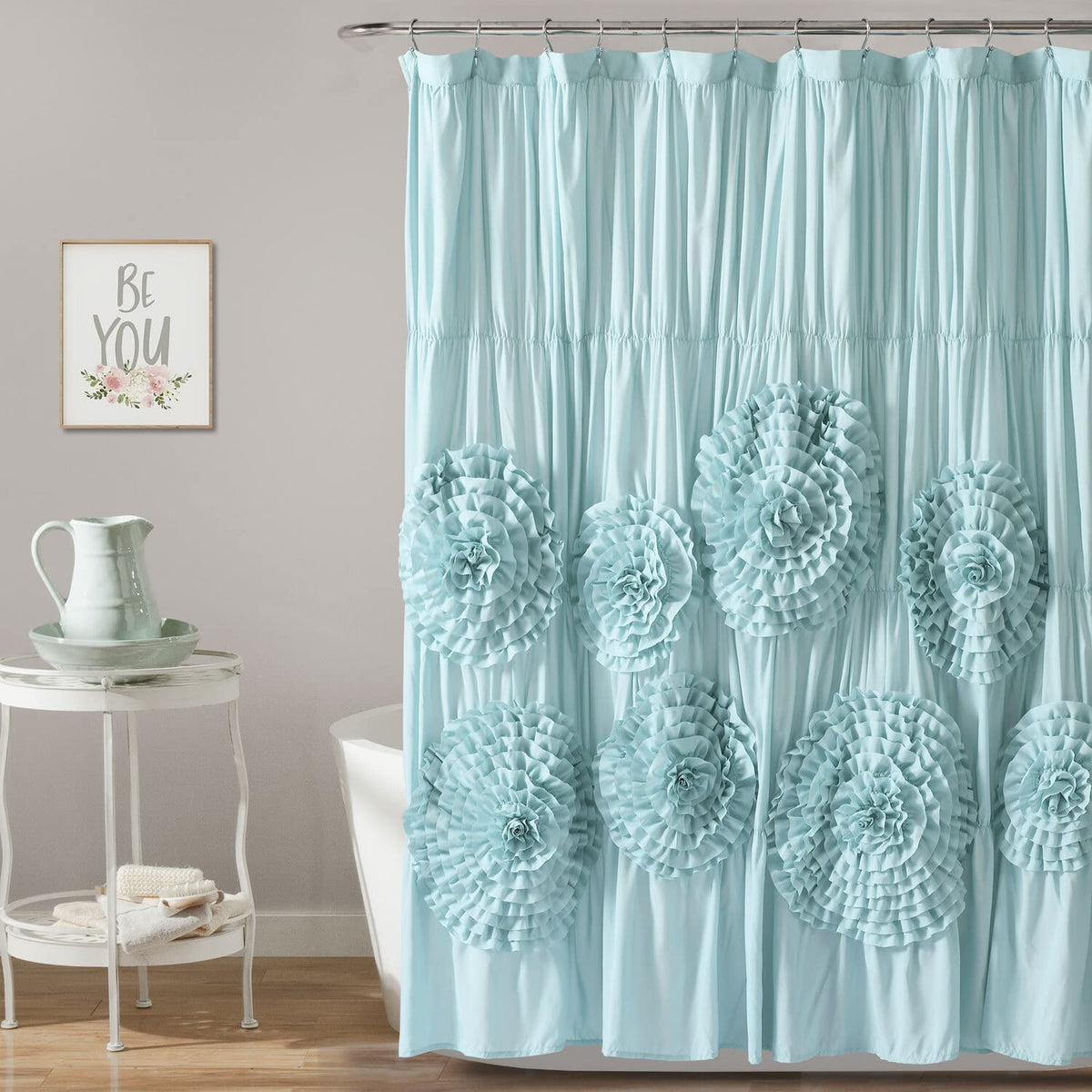 Lush Decor Serena Ruffle Shower Curtain, 72' W X 72' L, Spa Blue - Beautiful Ruched Flower Design - Luxury Shower Curtain - Ru