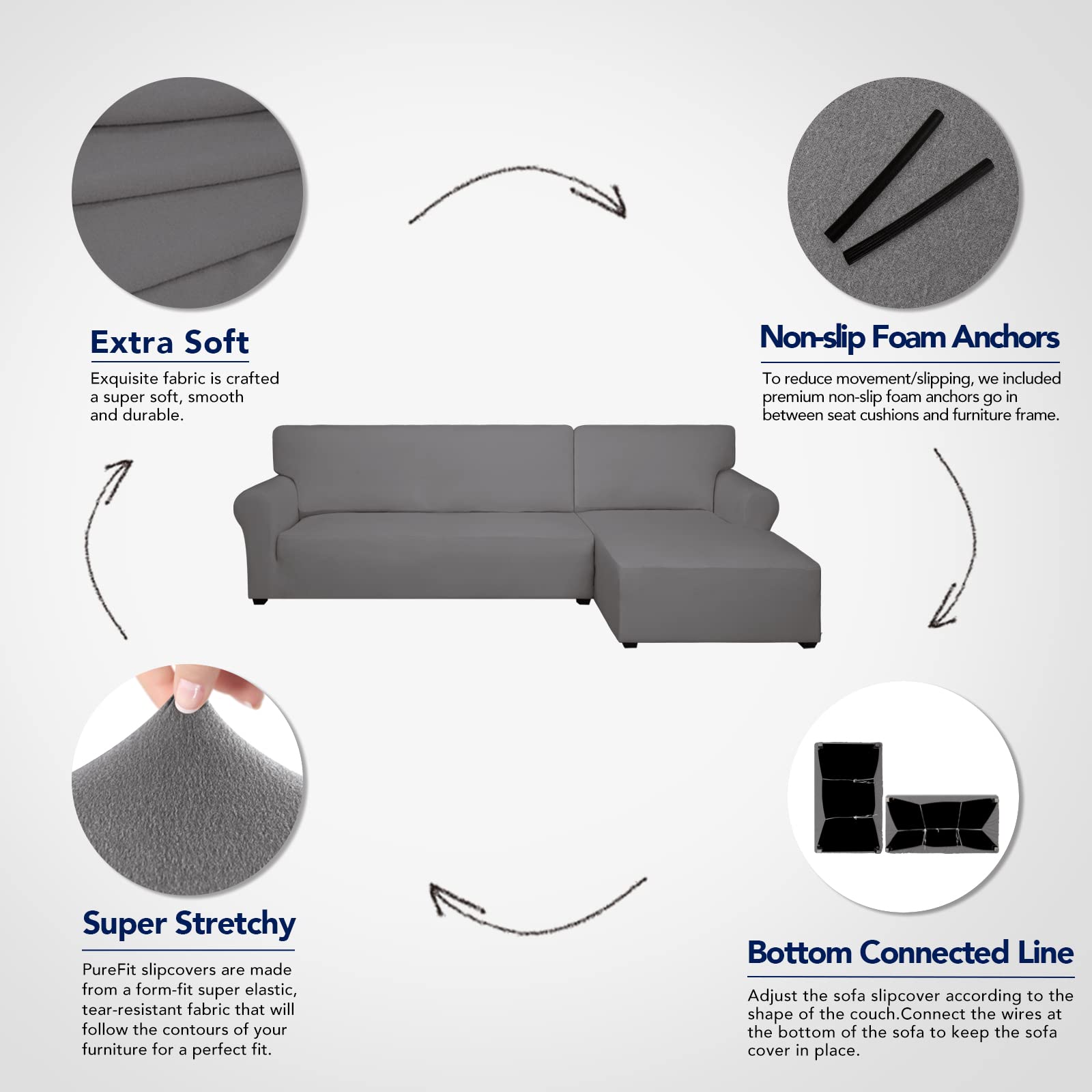 Purefit Super Stretch Sectional Couch Covers - 2 Pcs Spandex Non Slip Sofa Covers With Elastic Bottom For L Shape Sectional Sofa Couch, Great For Kids & Pets (3 Seat Sofa + 2 Seat Chaise, Light Gray)