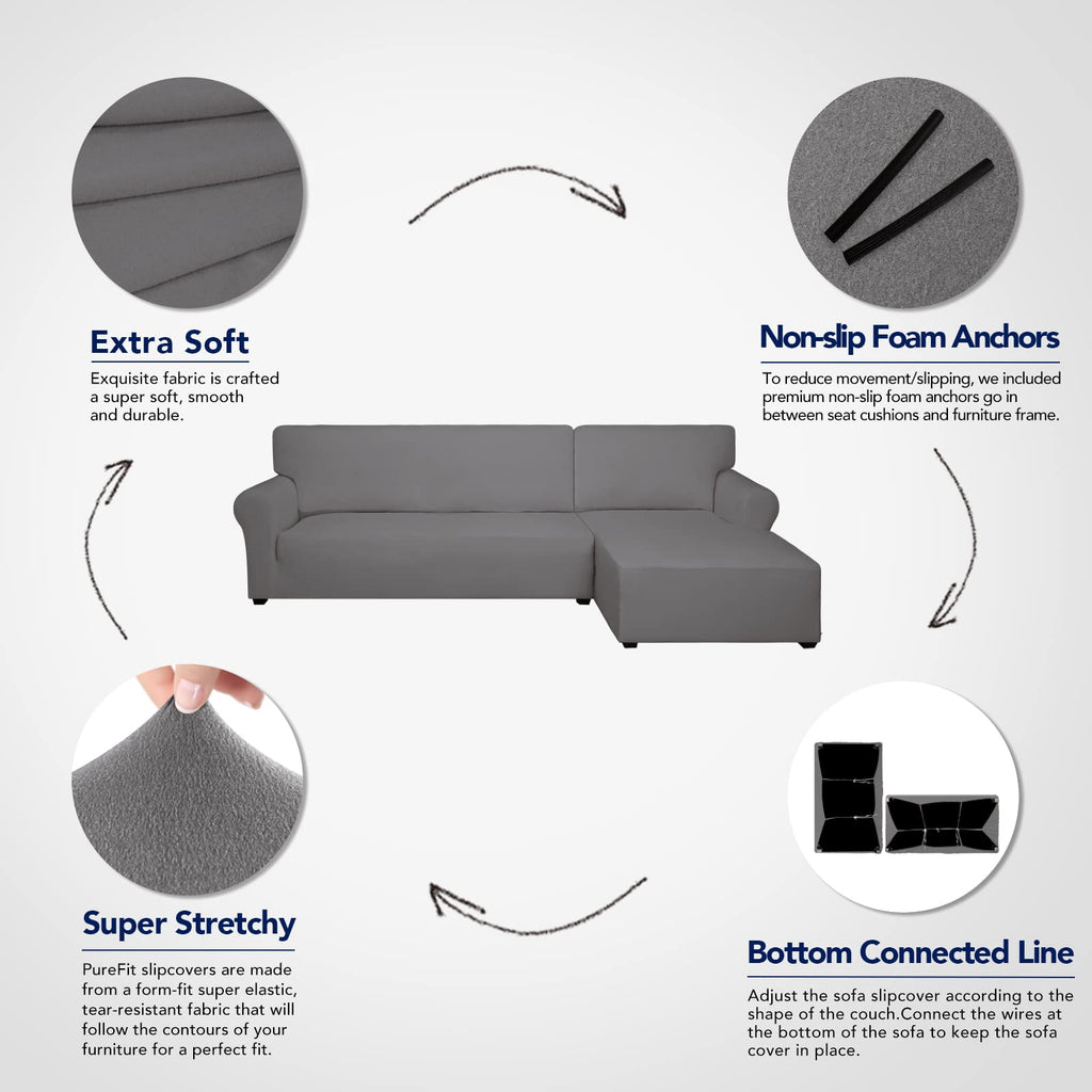 Purefit Super Stretch Sectional Couch Covers - 2 Pcs Spandex Non Slip Sofa Covers With Elastic Bottom For L Shape Sectional Sofa Couch, Great For Kids & Pets (3 Seat Sofa + 2 Seat Chaise, Light Gray)