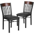 2 Pk. Vertical Back Black Metal and Walnut Wood Chair with Black Vinyl Seat