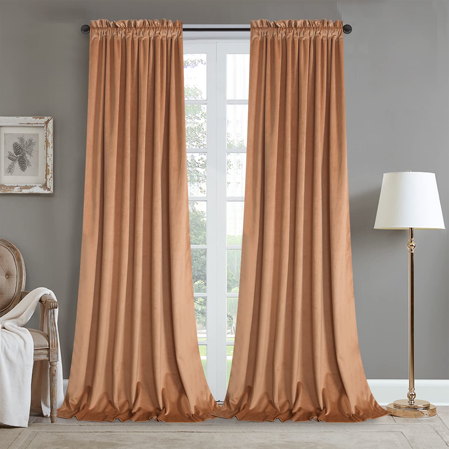 Roslynwood Peach Velvet Curtains 90 Inches Blackout Curtains Thermal Insulated Noise Reducing Soft Luxury Window Decor For Kids
