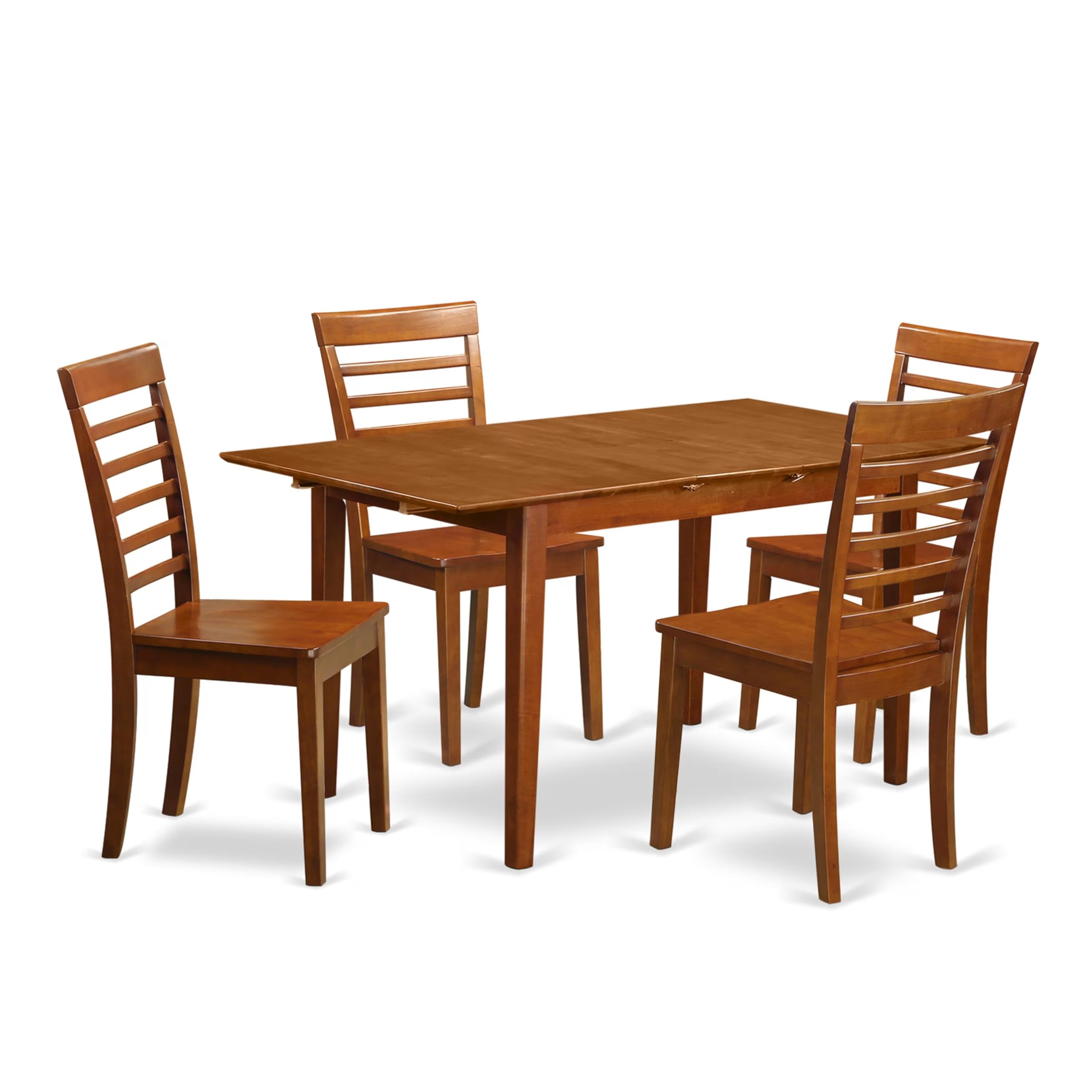 East West Furniture PSML5-SBR-W 5 Piece Dinette Set for 4 Includes a Rectangle Dining Room Table with Butterfly Leaf and 4 Kitchen Dining Chairs, 32x60 Inch, Saddle Brown