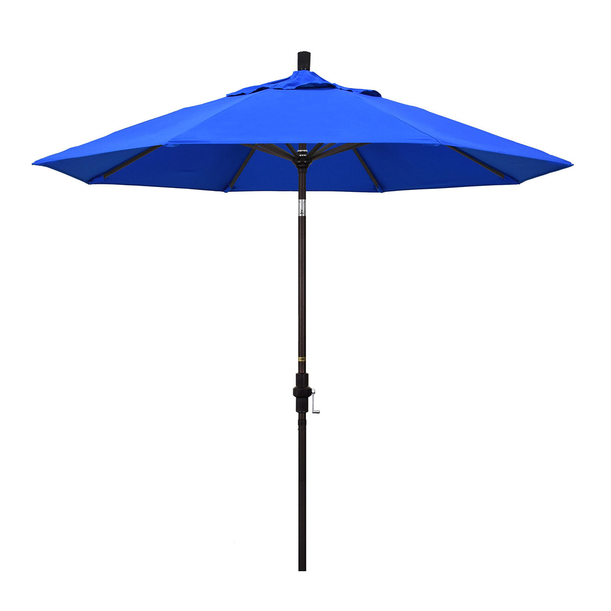 California Umbrella 9' Round Aluminum Market Umbrella, Crank Lift, Collar Tilt, Bronze Pole, Sunbrella Pacific Blue