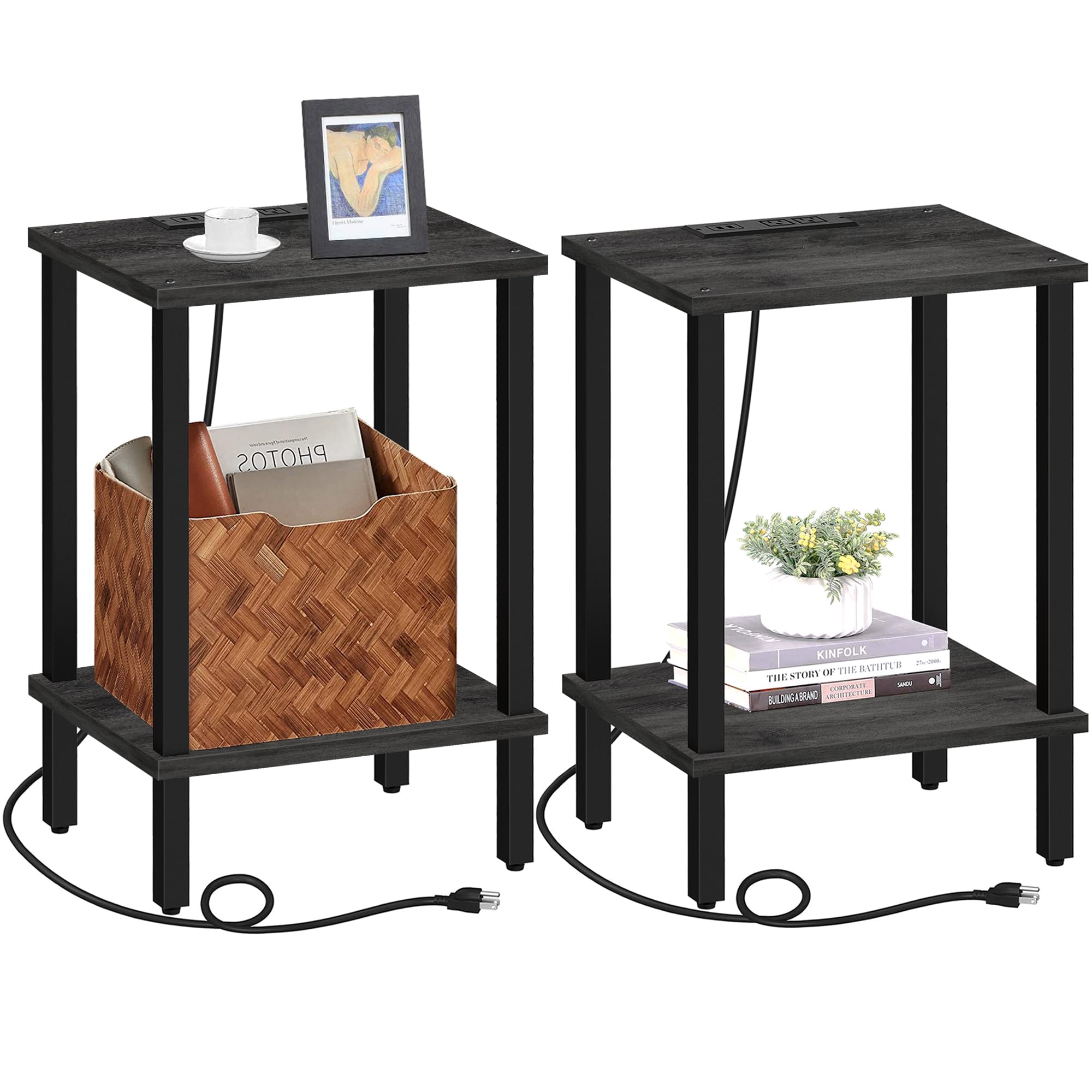 Tutotak End Table With Charging Station, Side Table With Usb Ports And Outlets, Nightstand, 2-Tier Storage Shelf, Sofa Table For Small Space, 1 Package (2Pcs), Charcoal Grey Tb01By041