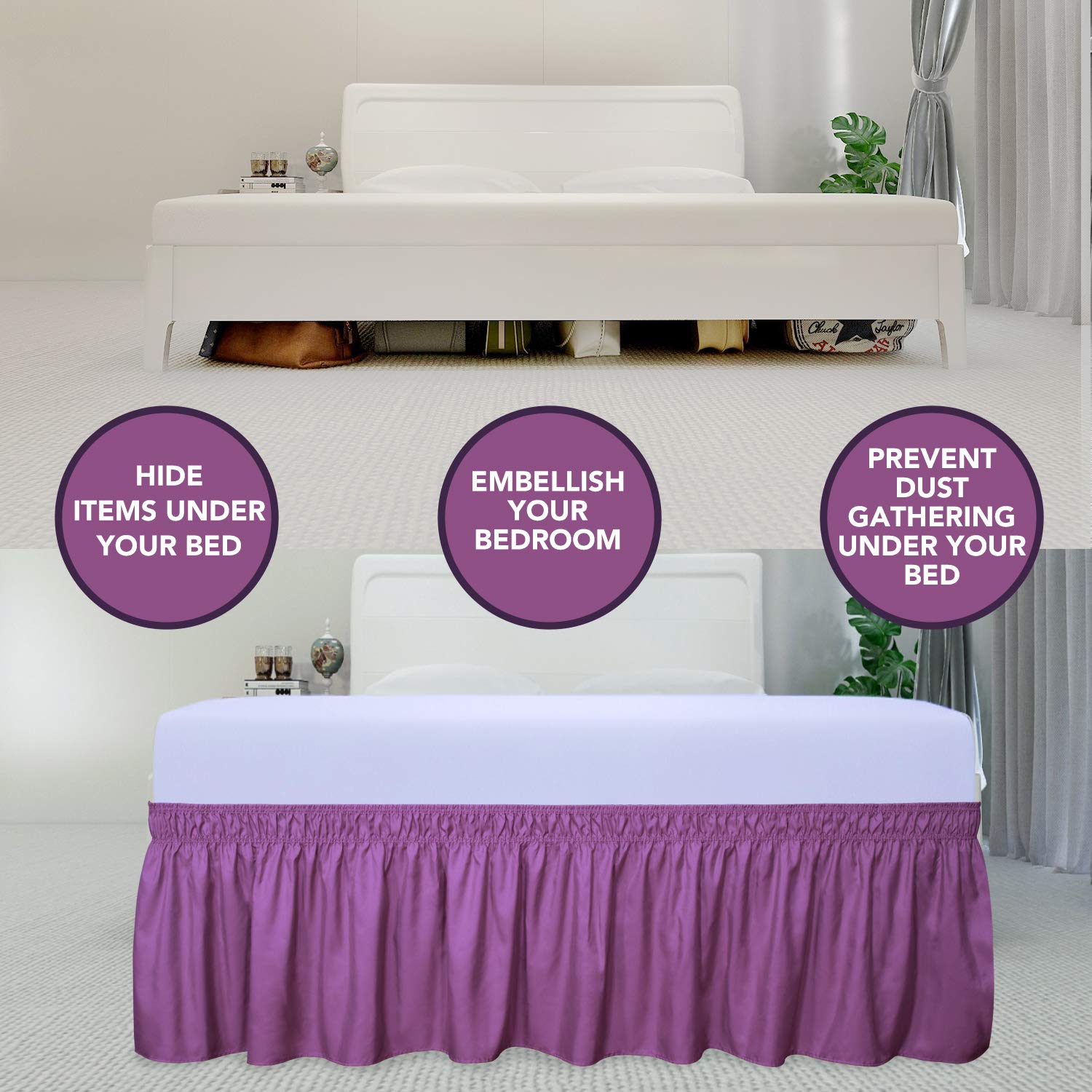 Purefit Wrap Around Ruffled Bed Skirt With Adjustable Elastic Belt - 14 Inch Drop Easy To Put On, Wrinkle Free Bedskirt Dust Ruffles, Bed Frame Cover For Twin,Twin Xl And Full Size Beds, Purple