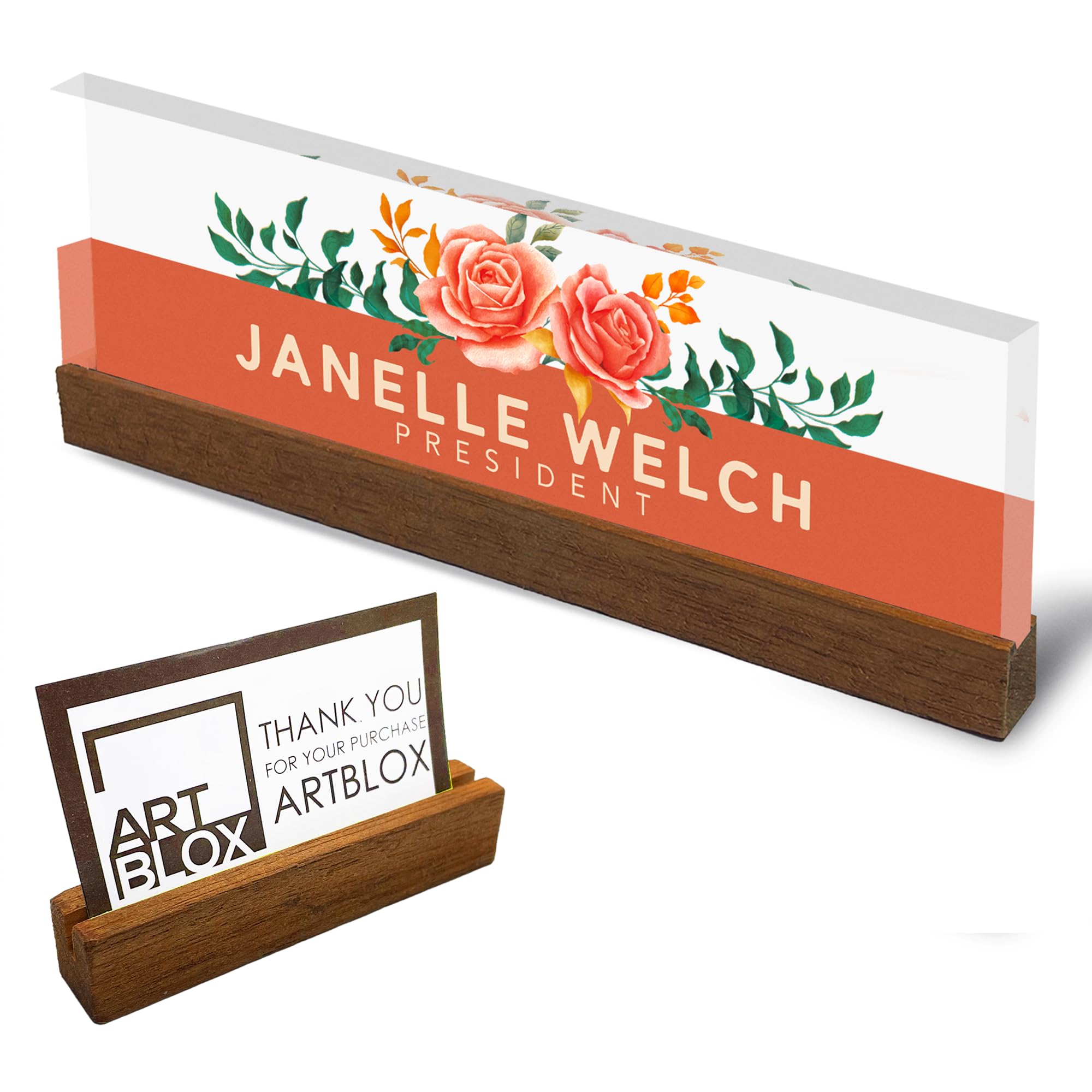 Artblox Office Personalized Name Plate For Desk With Business Card Holder On Clear Acrylic Glass Orange Roses Design Custom Desk