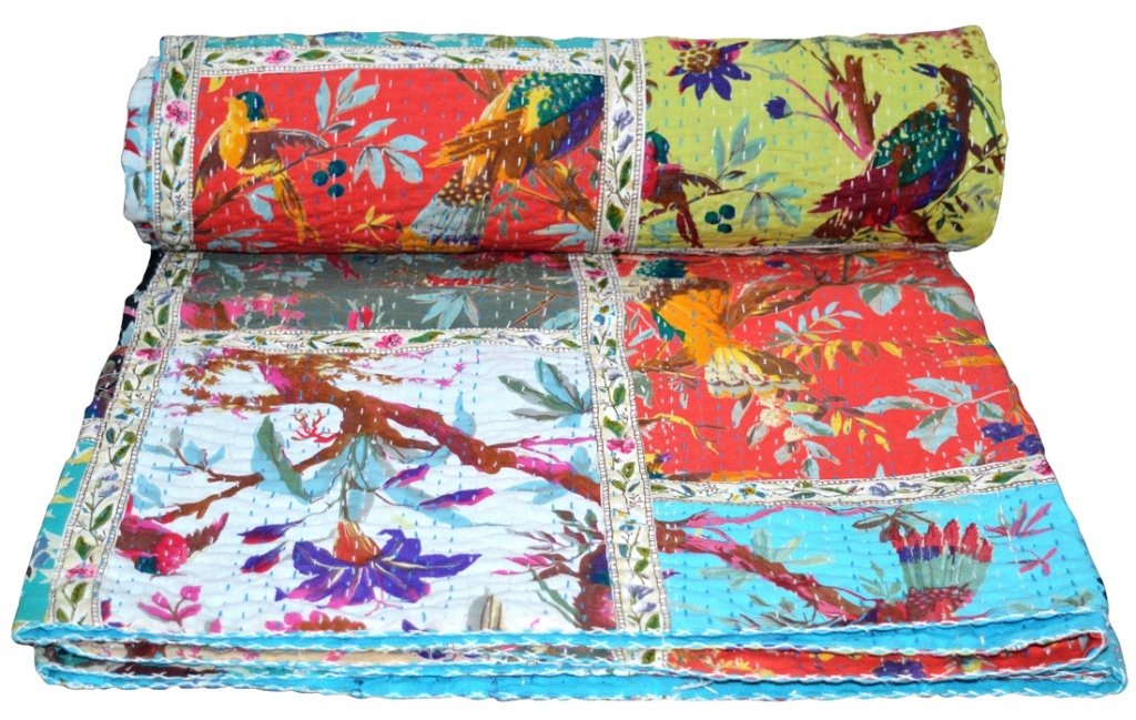V Vedant Designs Bird Print Patchwork Cotton Kantha Quilt Throw Blanket Bedspread Gudari (Twin Size)