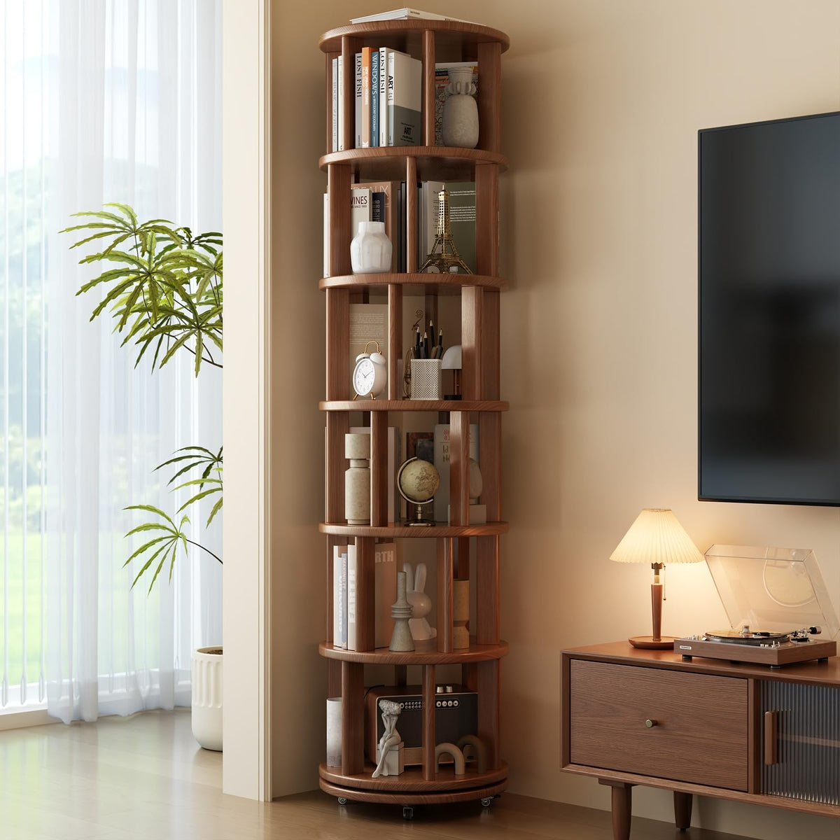 Muwuele 6 Tier Solid Wood Rotating Bookshelf Tower on Wheels, Walnut