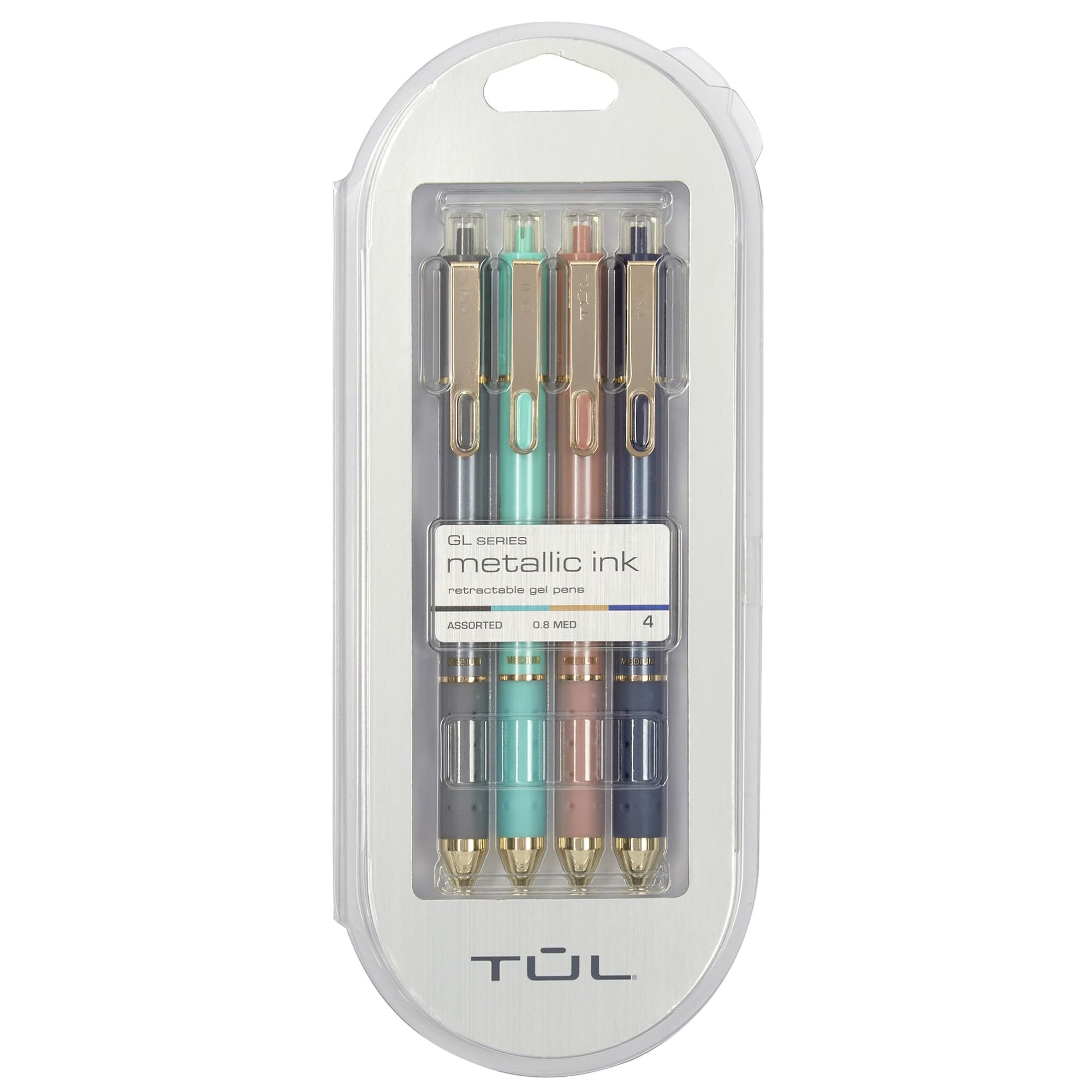 Tul Gl Series Retractable Gel Pens, Medium Point, 0.8 Mm, Assorted Barrel Colors, Assorted Metallic Inks, Pack Of 4 Pens