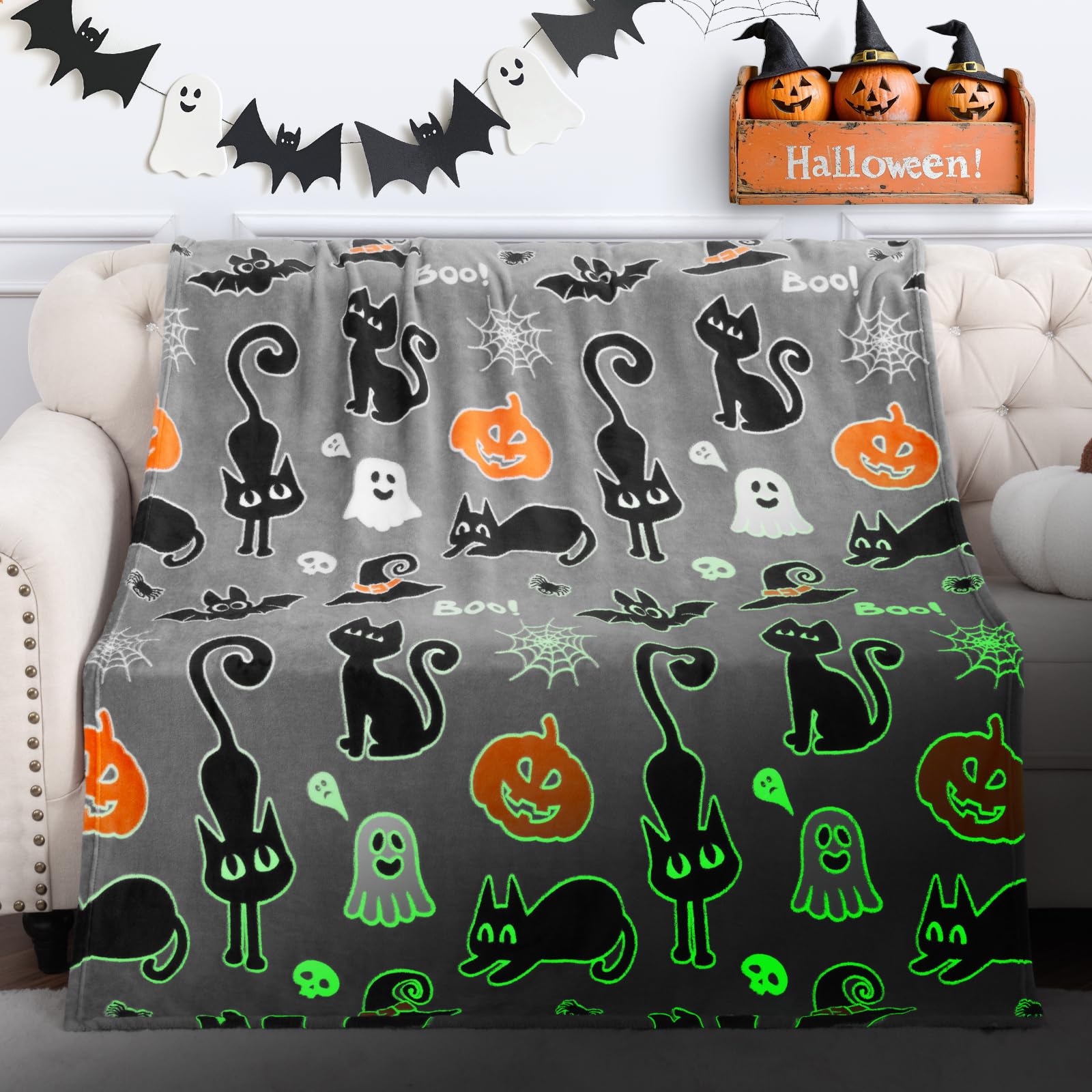 Halloween Decorations Blanket Gifts for Kids - Pumpkin Spooky Bat Cat Glow in The Dark Soft Throw Toys Presents for Boys Girls T